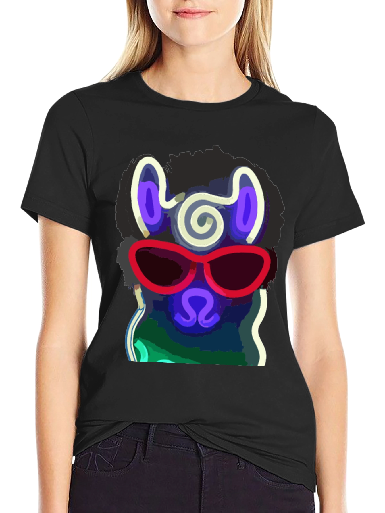 Black Cool Llama T-Shirt - Stylish Neon Design view 2