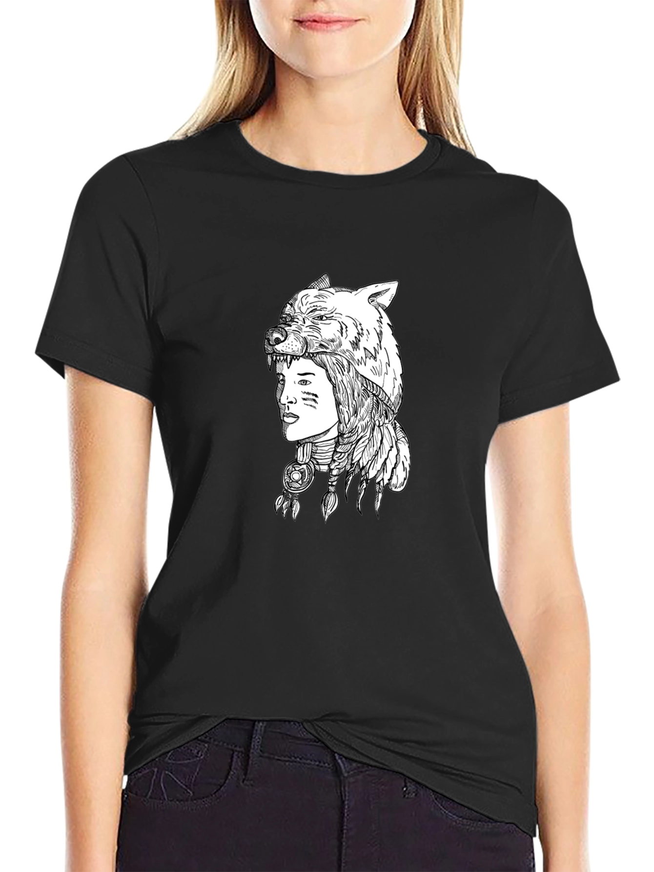 Black Native American Wolf Headdress Graphic Tee view 2