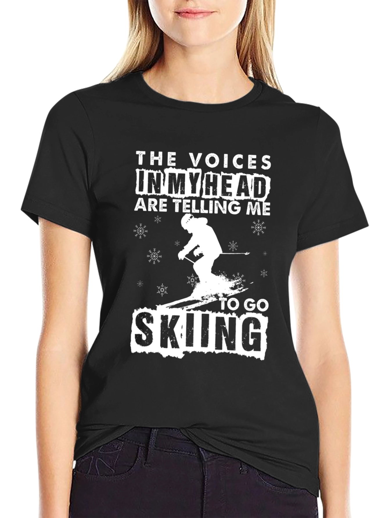 Black Funny Skiing T-Shirt - Voices in My Head view 2
