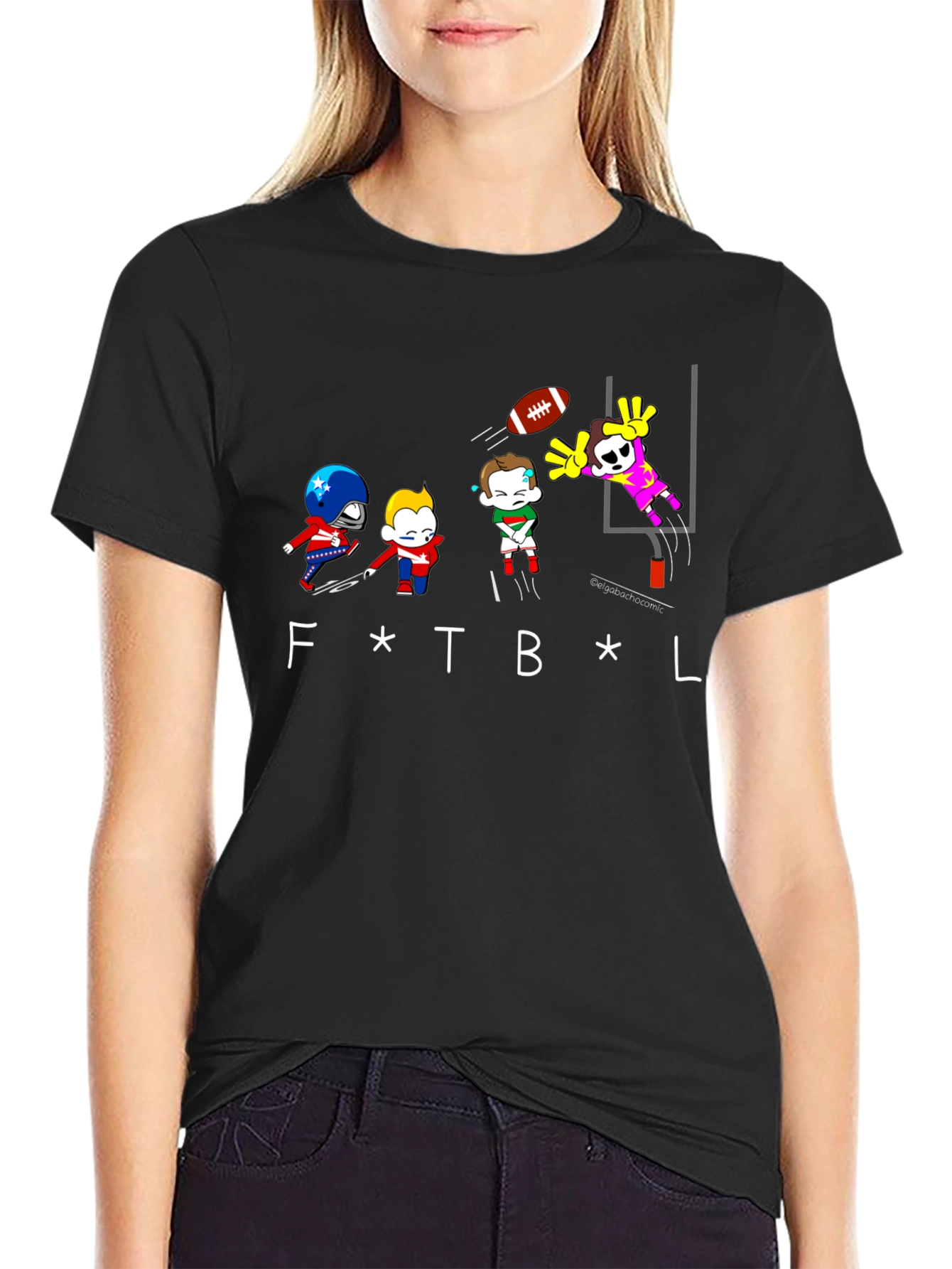 Black Funny Football Cartoon Black T-Shirt view 2