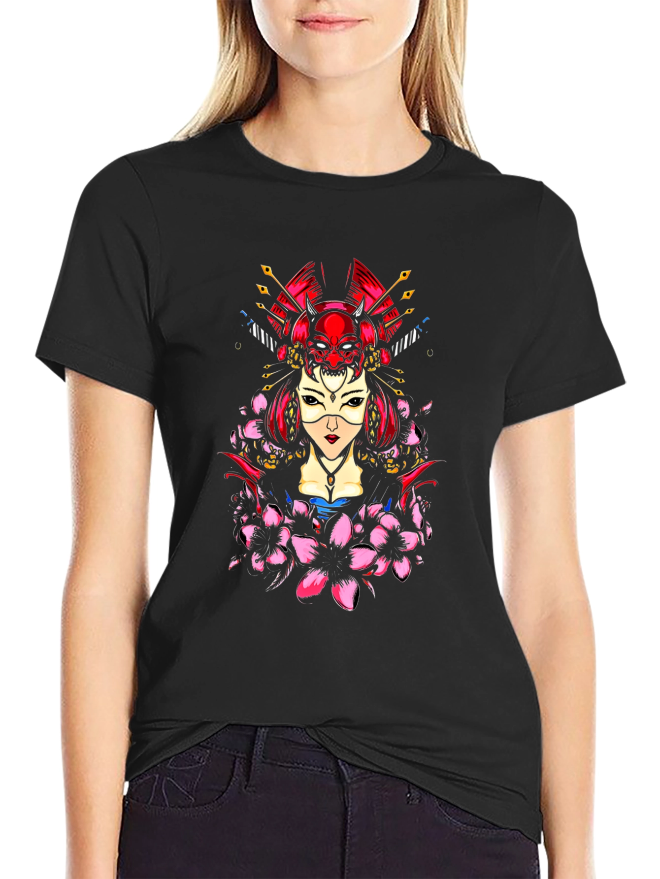 Black Geisha Oni Mask Graphic Tee - Black view 2