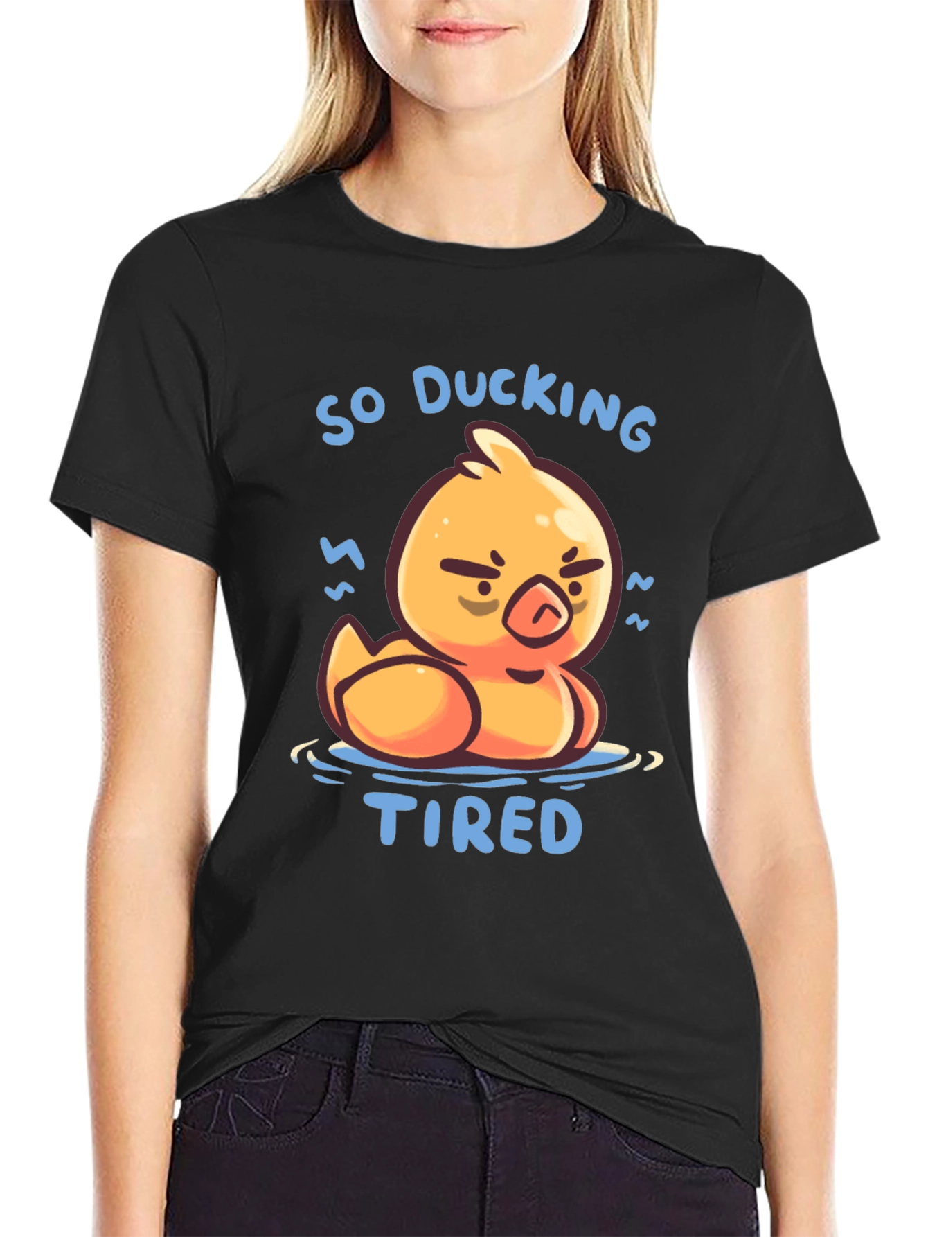 Black So Ducking Tired T-Shirt - Funny Cartoon Duck Tee view 2