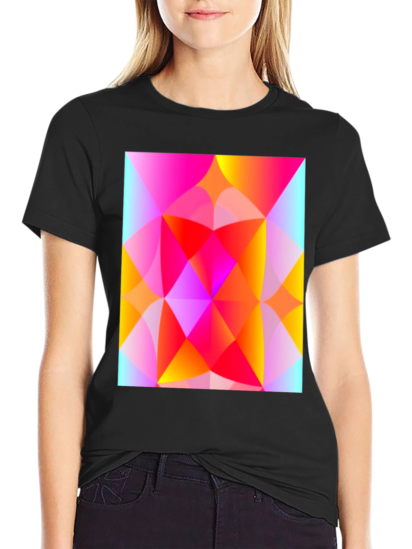 Black Geometric Art T-Shirt - Vibrant Triangle Design view 2