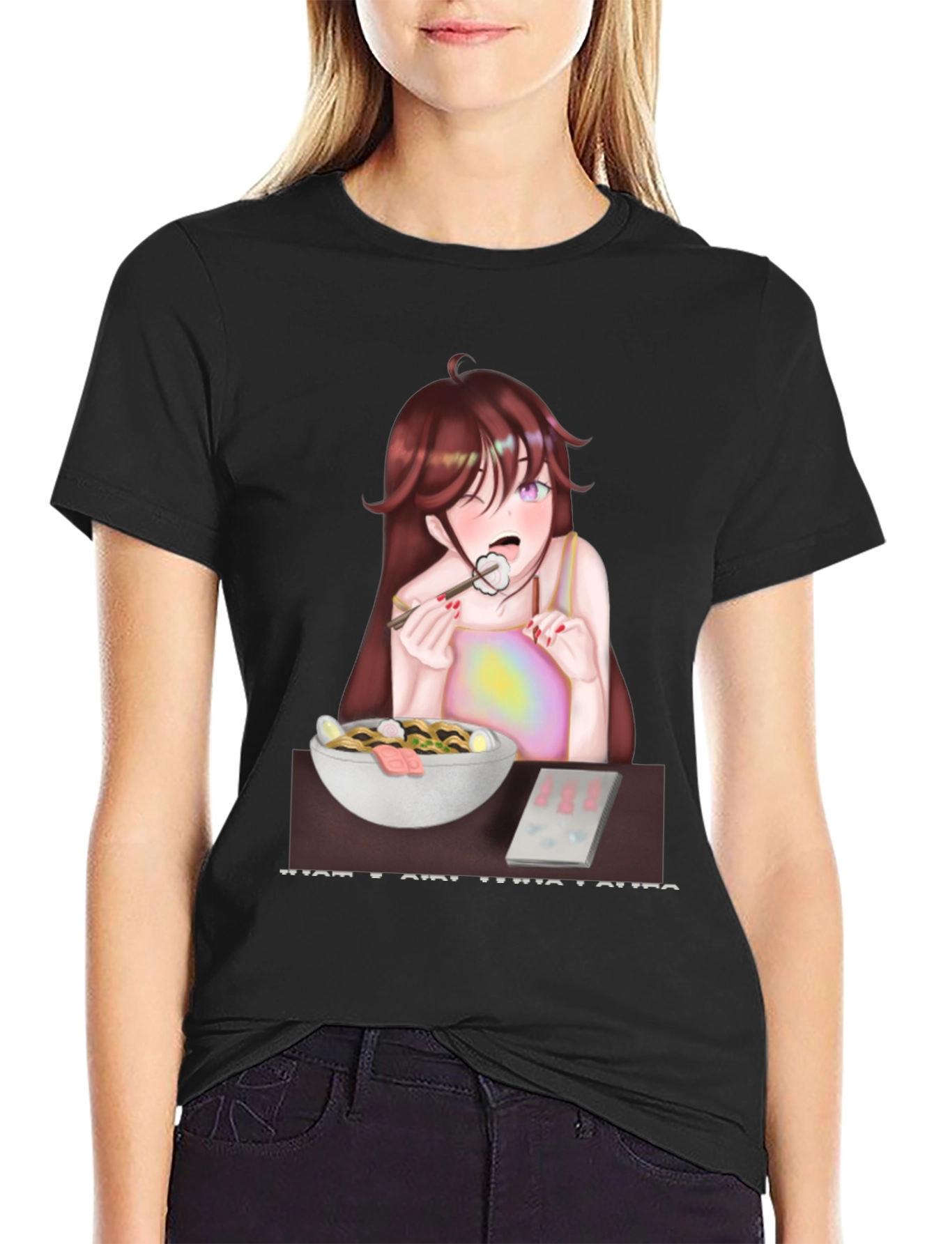 Black Anime Girl Eating Ramen T-Shirt view 2