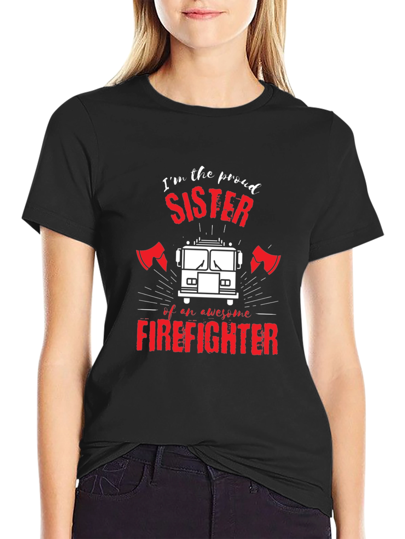 Black Proud Firefighter Sister Black T-Shirt view 2