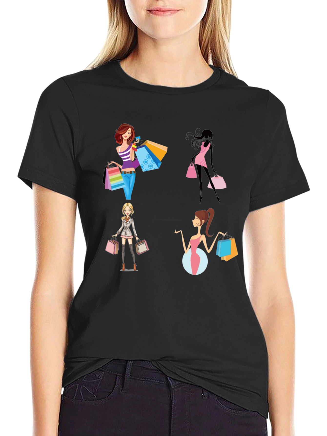 Black Stylish Shopping Women Graphic Tee - Black view 2