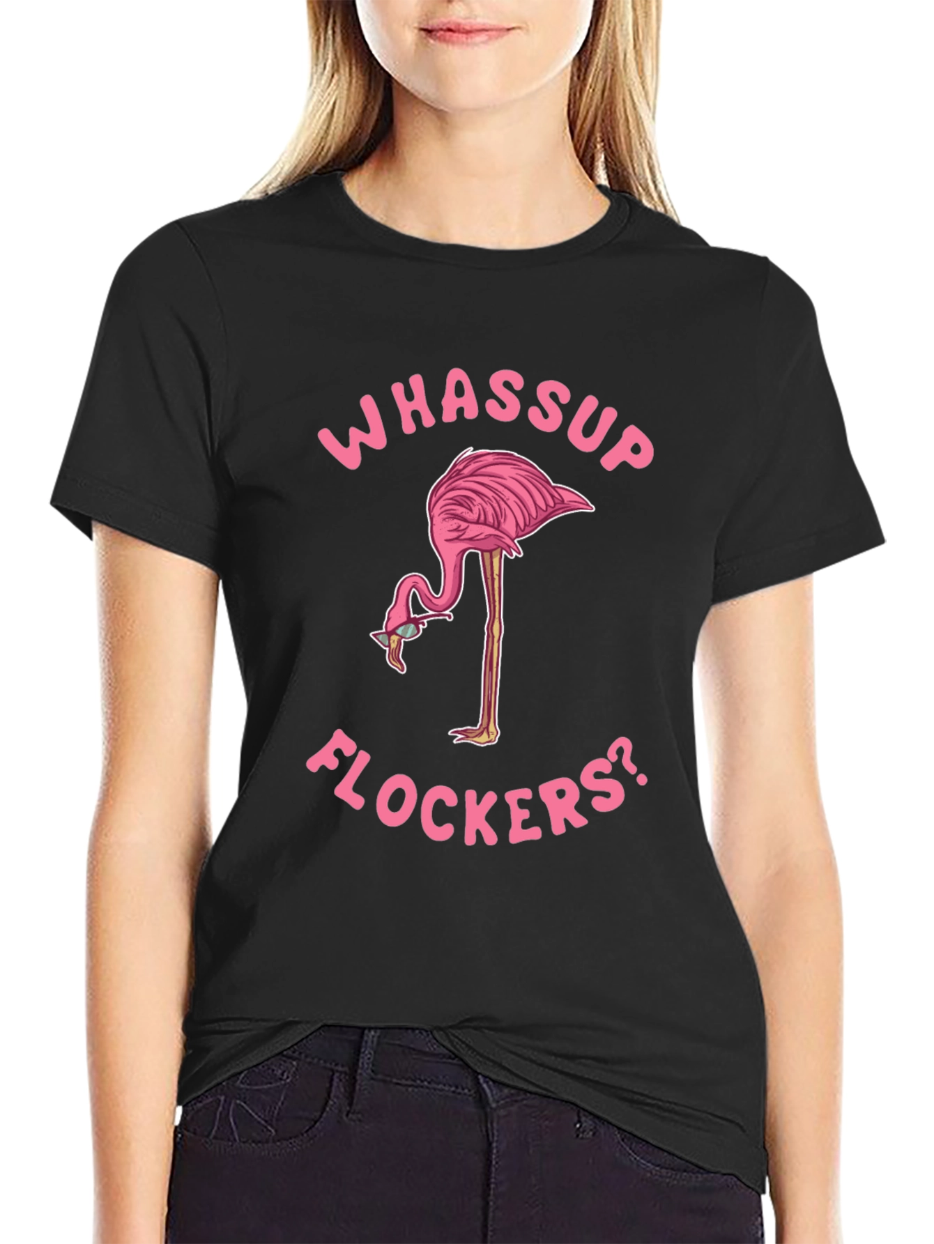 Black Whassup Flockers Flamingo T-Shirt view 2
