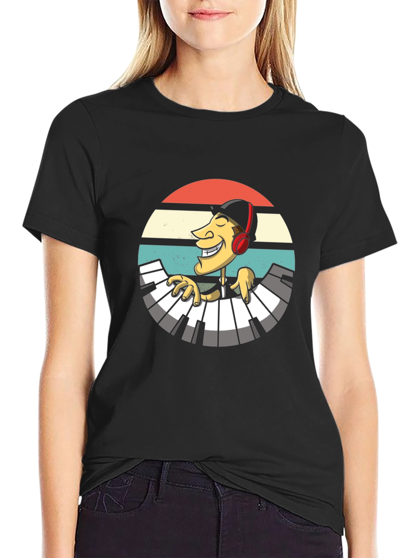 Black Retro Pianist Graphic Tee - Black Casual T-Shirt view 2
