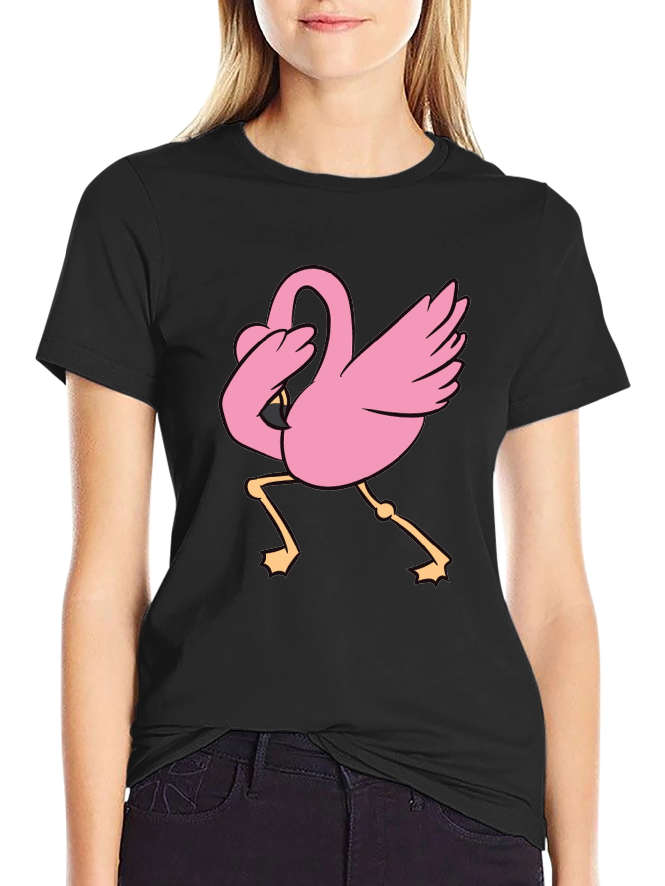 Black Dabbing Flamingo Black T-Shirt view 2