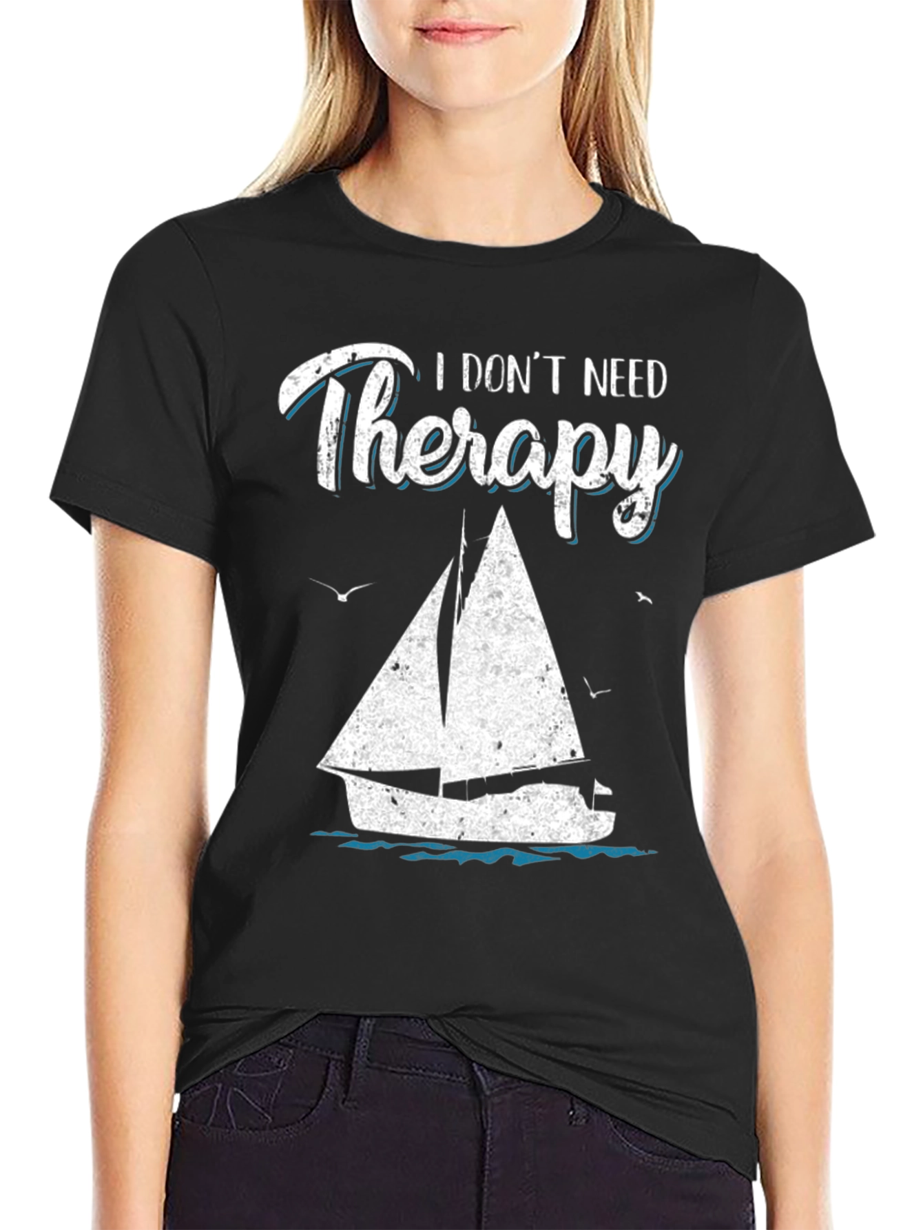 Black Sailboat Therapy Graphic T-Shirt: Black Cotton Tee view 2