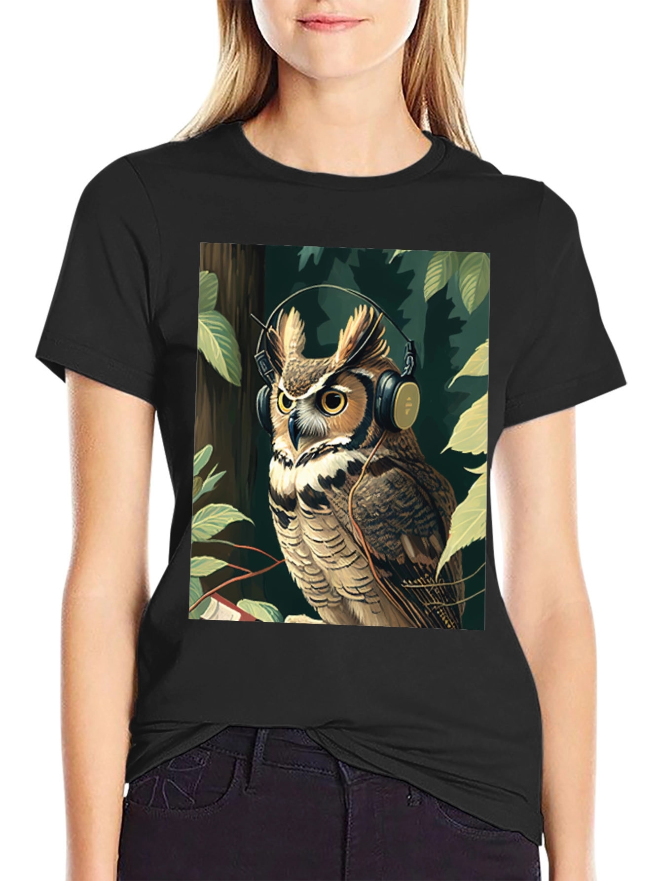 Black Owl with Headphones Graphic Tee - Stylish & Unique view 2