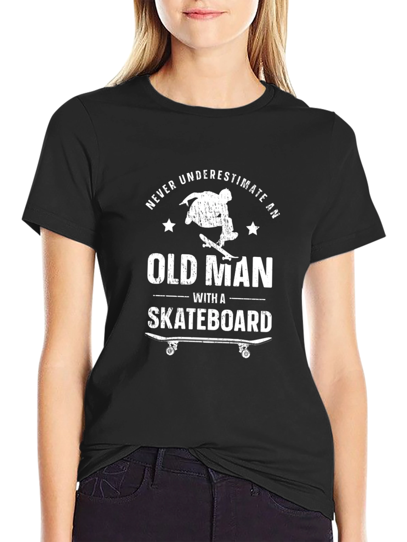 Black Old Man Skateboard T-Shirt - Never Underestimate Funny Tee view 2