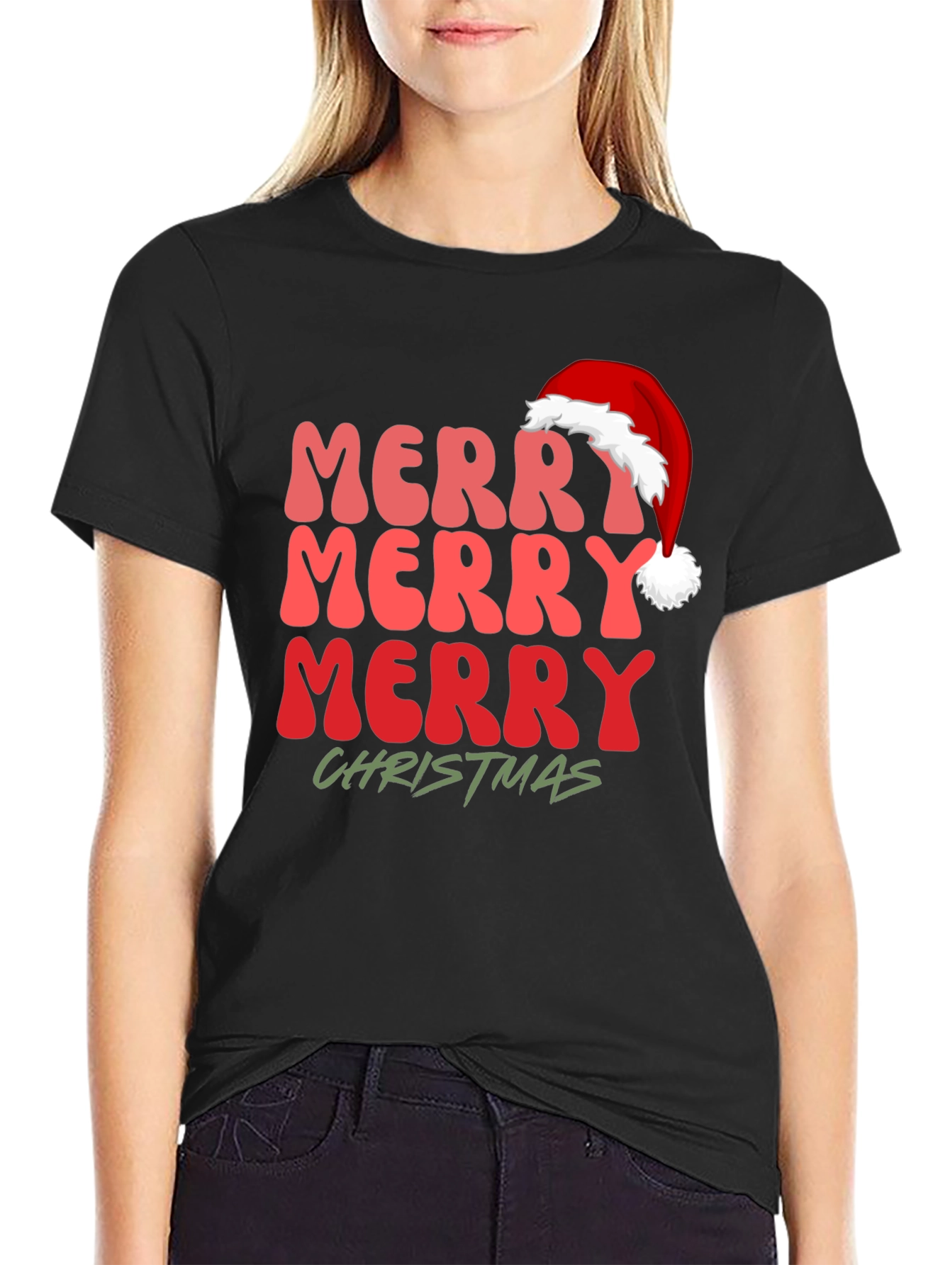 Black Merry Christmas Santa Hat Graphic Tee view 2