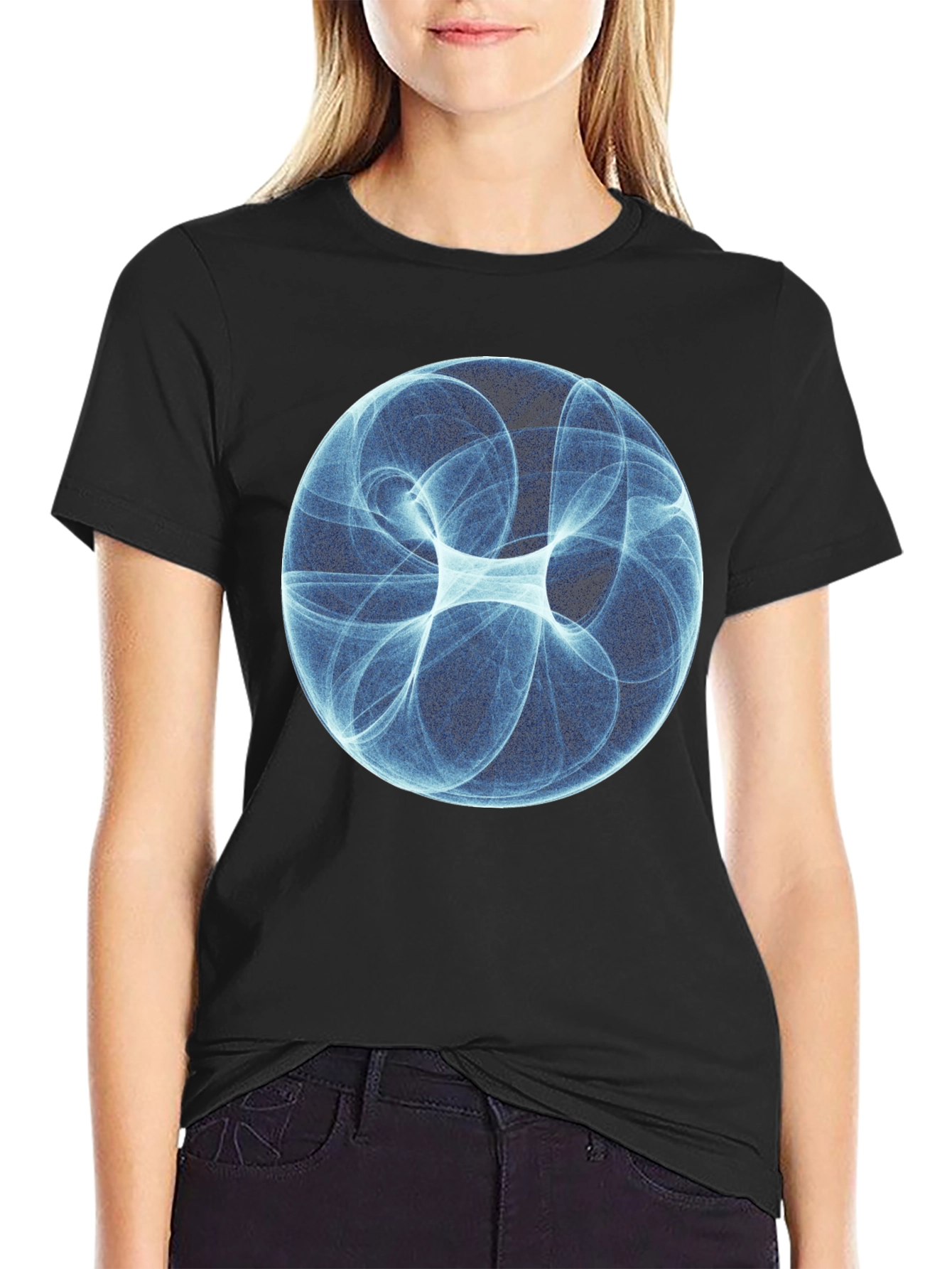 Black Abstract Blue Sphere Graphic T-Shirt - Modern Design view 2