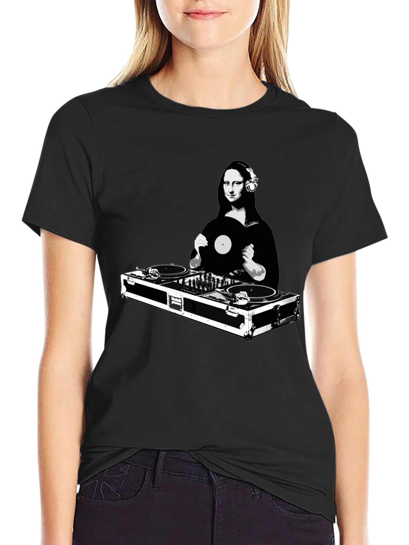 Black Mona Lisa DJ Black T-Shirt - Unique Graphic Tee view 2