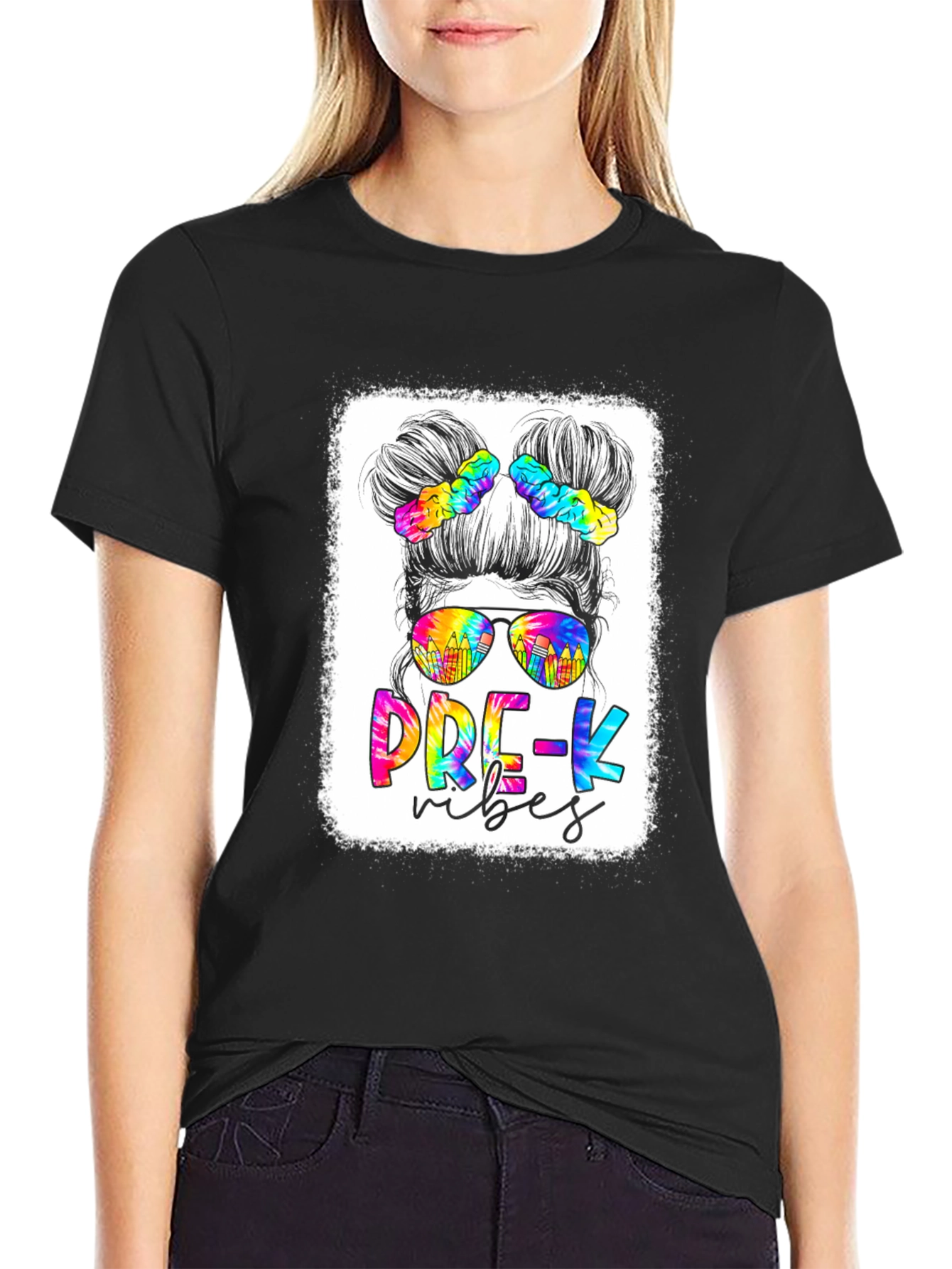 Black Pre-K Vibes Messy Bun Teacher T-Shirt view 2