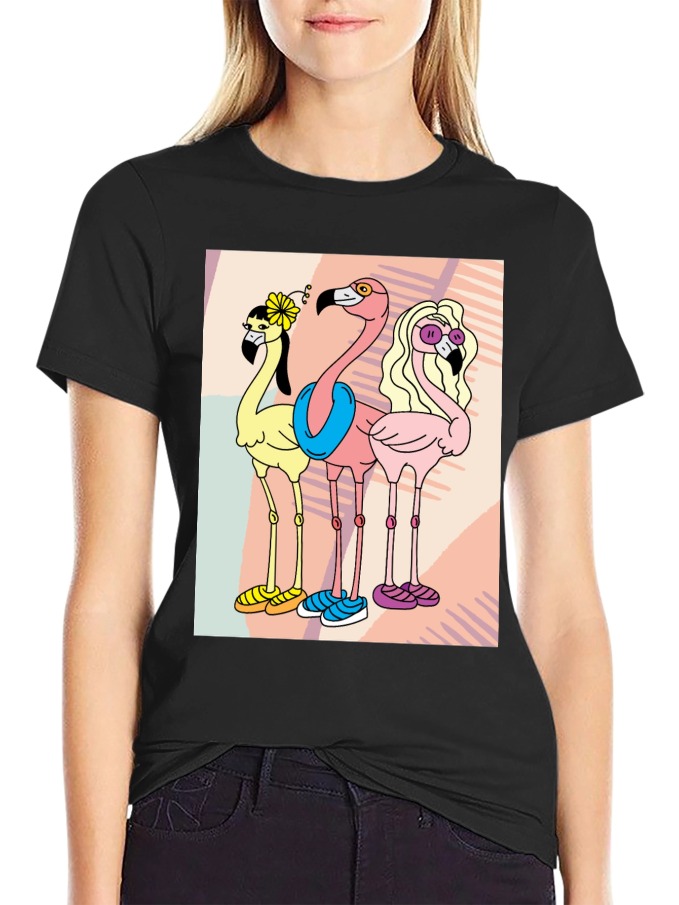 Black Funky Flamingo Tee - Quirky Cartoon T-Shirt view 2