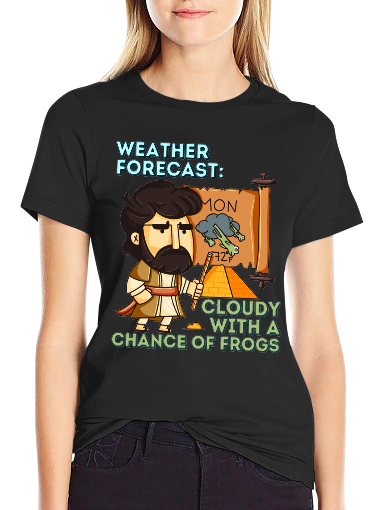Black Funny Weather Forecast Cloudy Chance of Frogs T-Shirt view 2