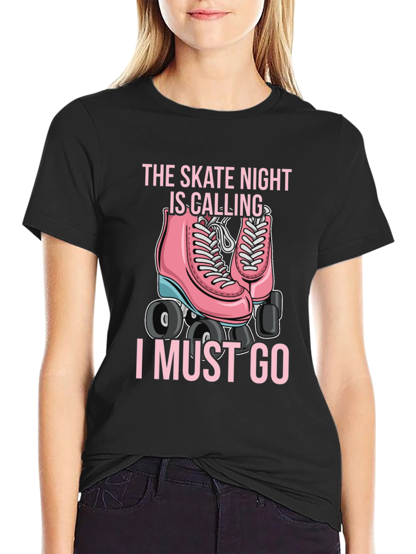 Black Skate Night Calling T-Shirt - Pink Roller Skate Graphic view 2