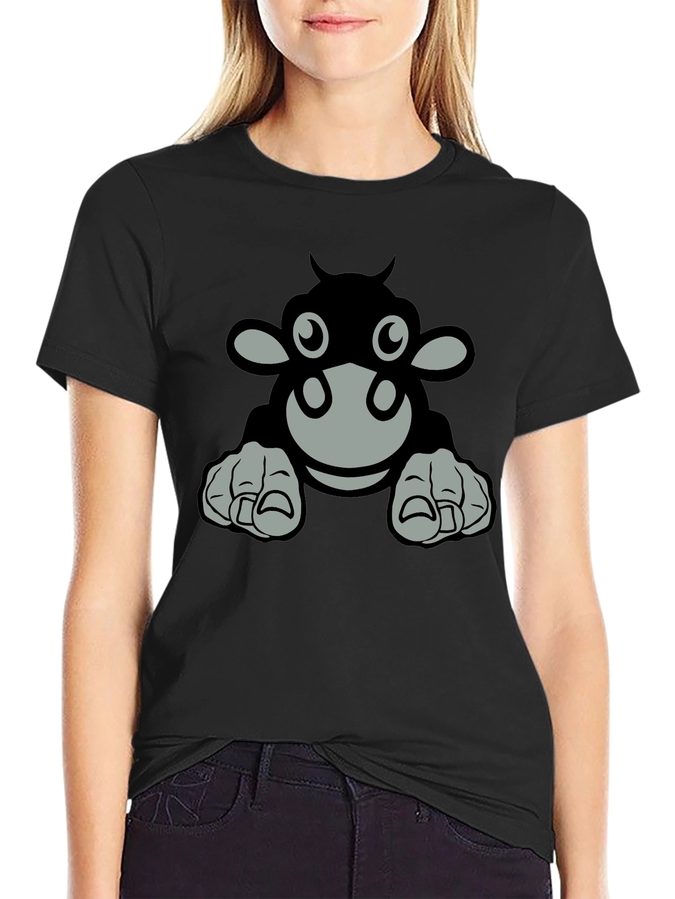 Black Cartoon Cow Graphic Tee - Black T-Shirt view 2