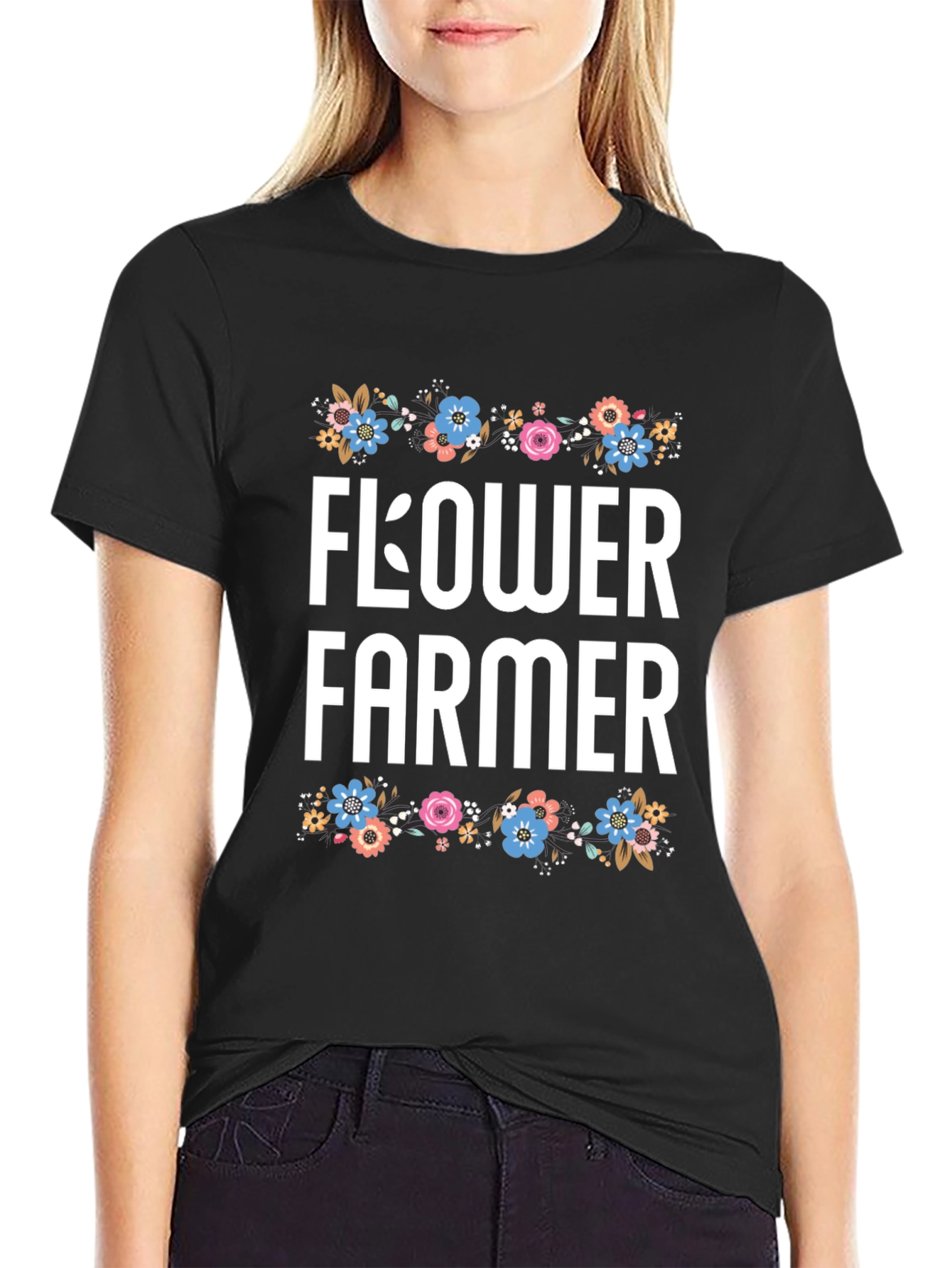 Black Flower Farmer Graphic T-Shirt - Floral Design view 2