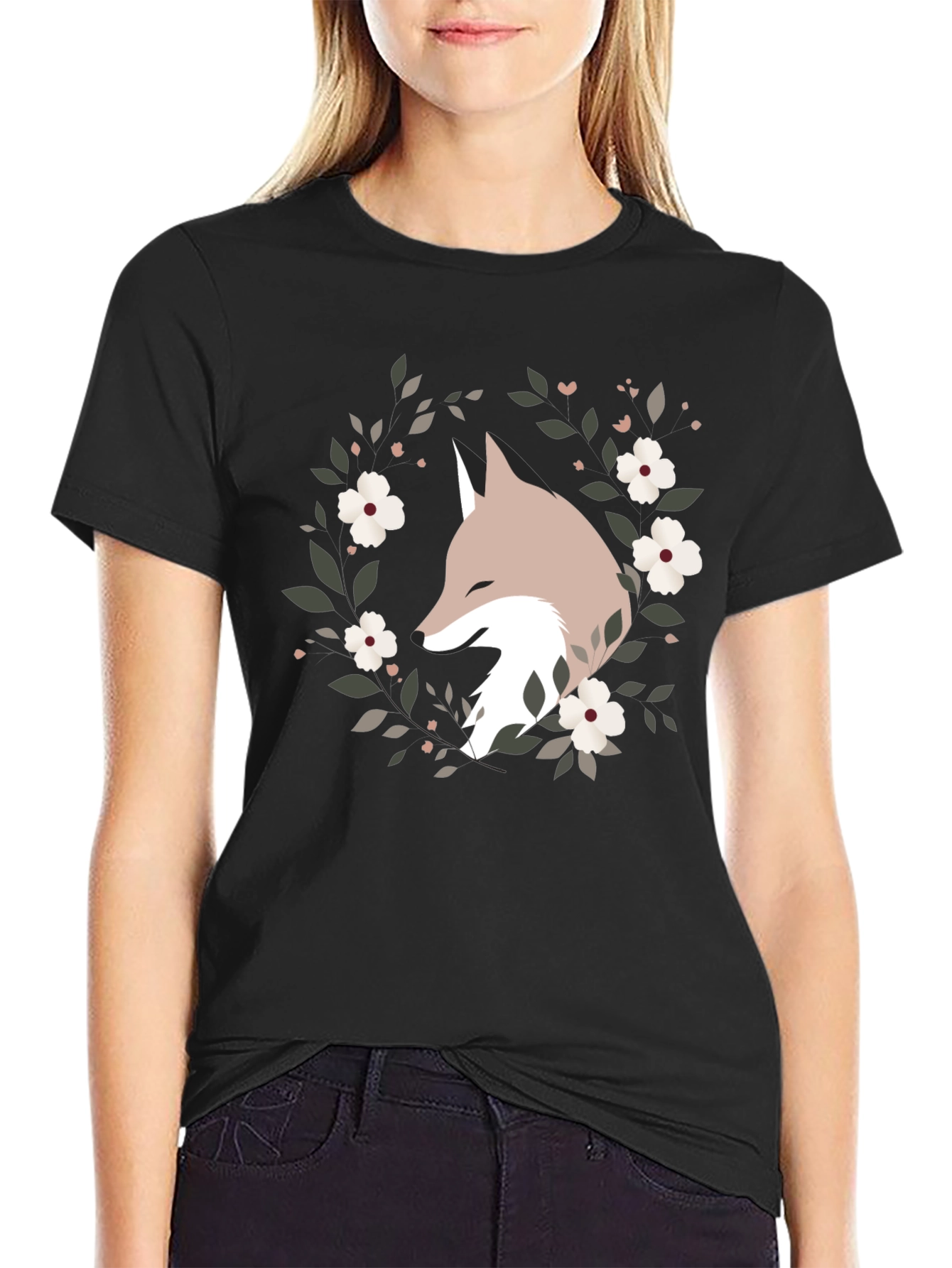 Black Fox Floral Wreath Graphic Tee - Black view 2