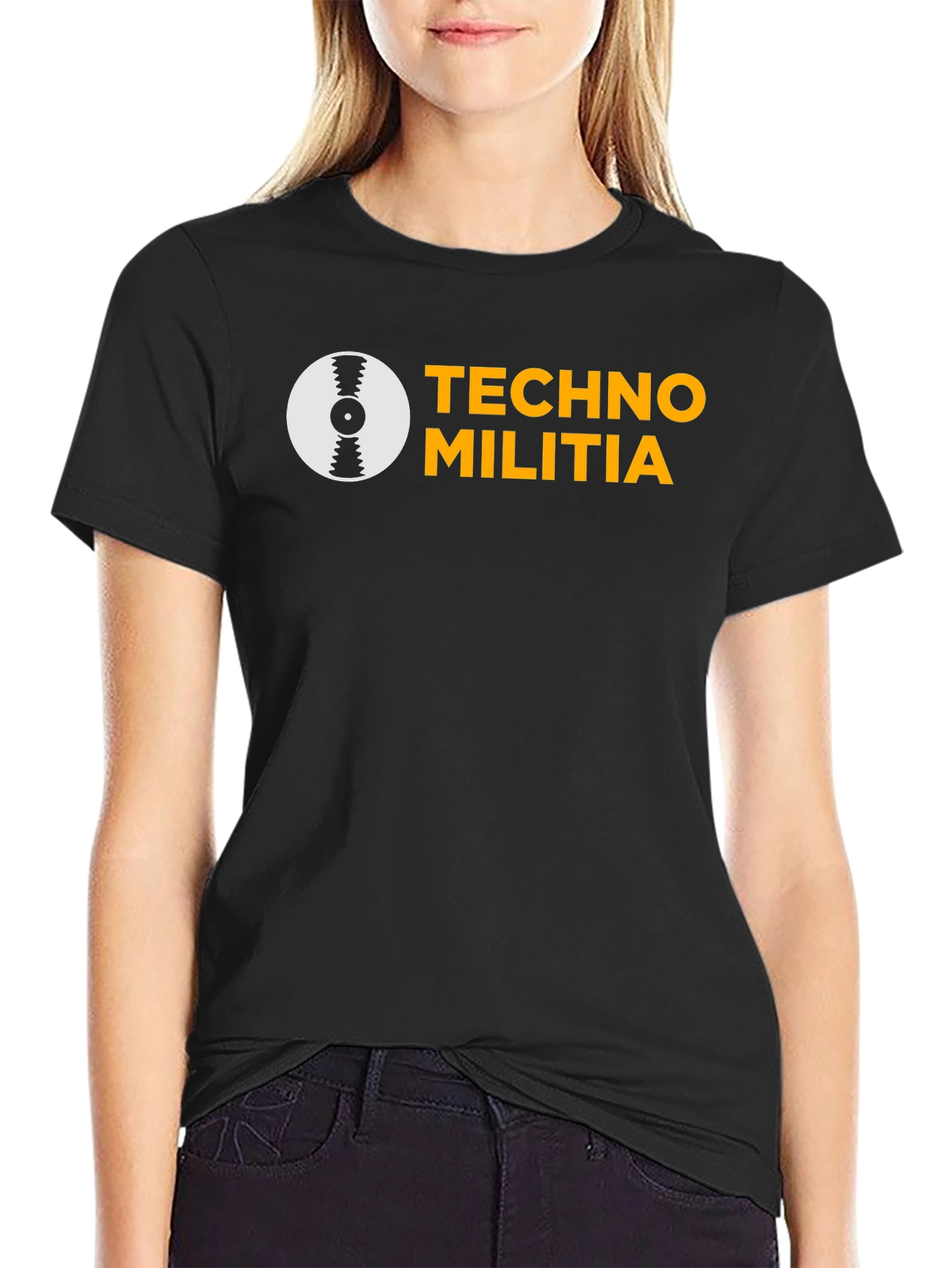Black Techno Militia Graphic Tee - Black Cotton T-Shirt view 2
