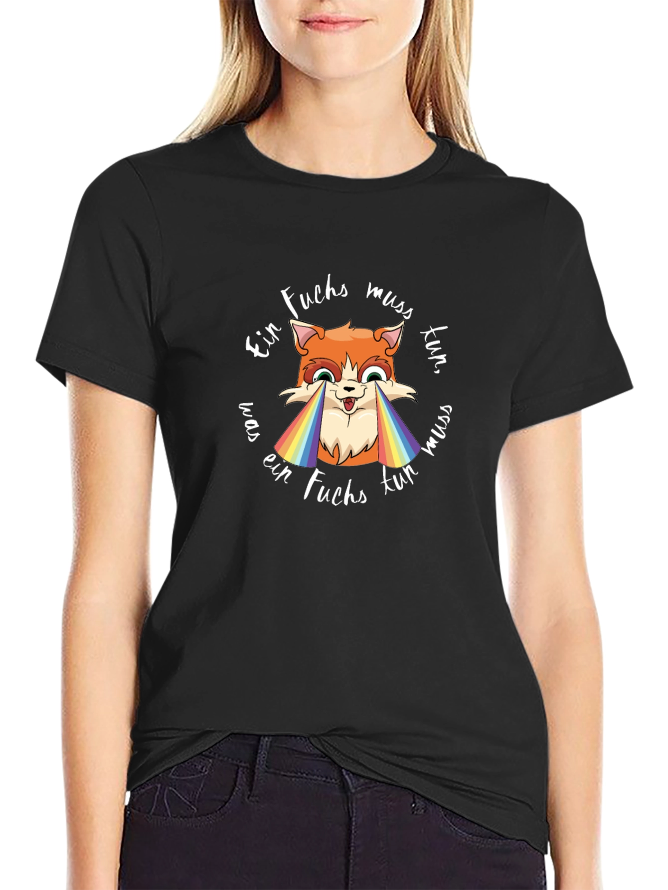 Black Ein Fuchs Muss Tun Rainbow T-Shirt - Black Cotton Tee view 2