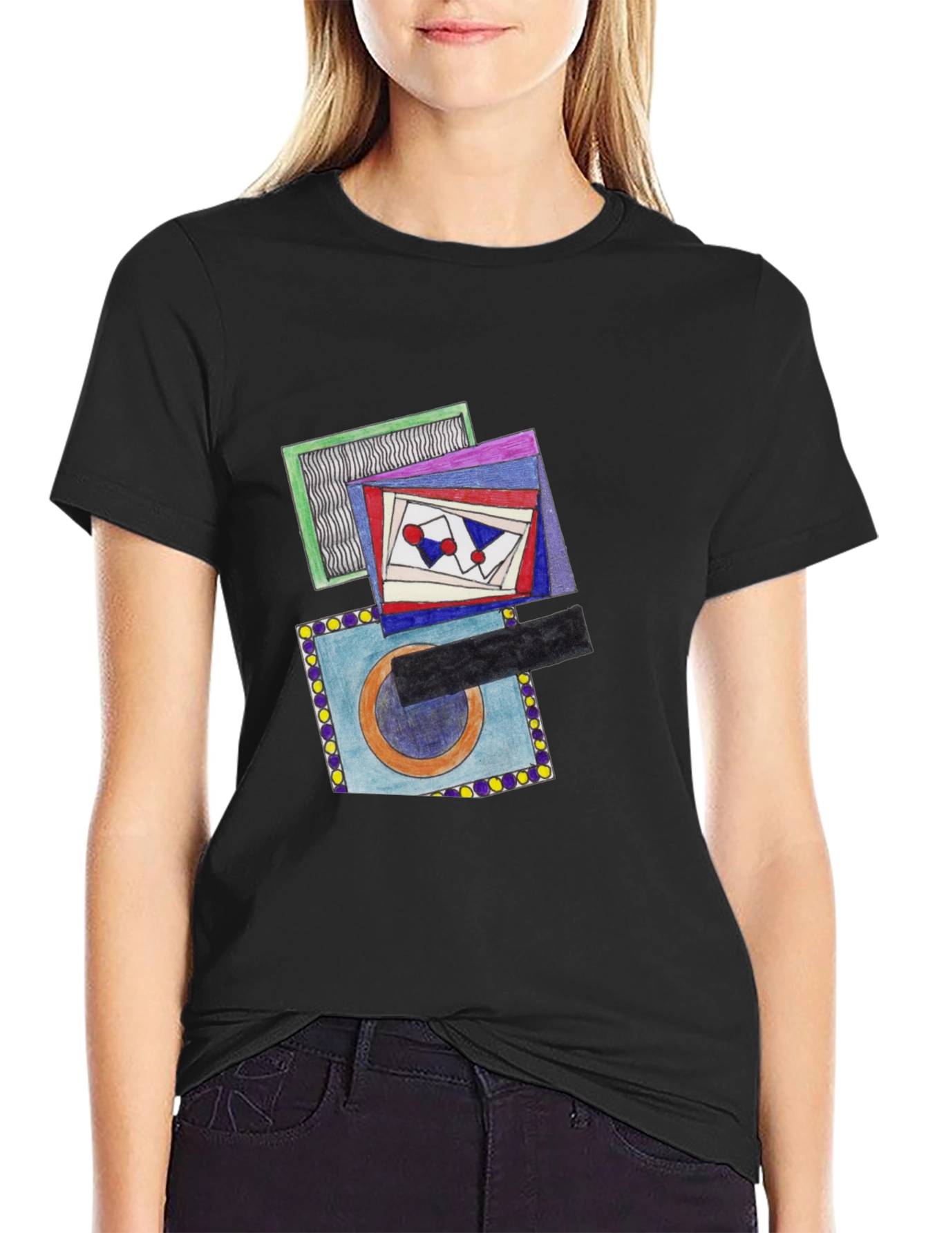 Black Abstract Design Graphic Print Crew Neck T-Shirt view 2
