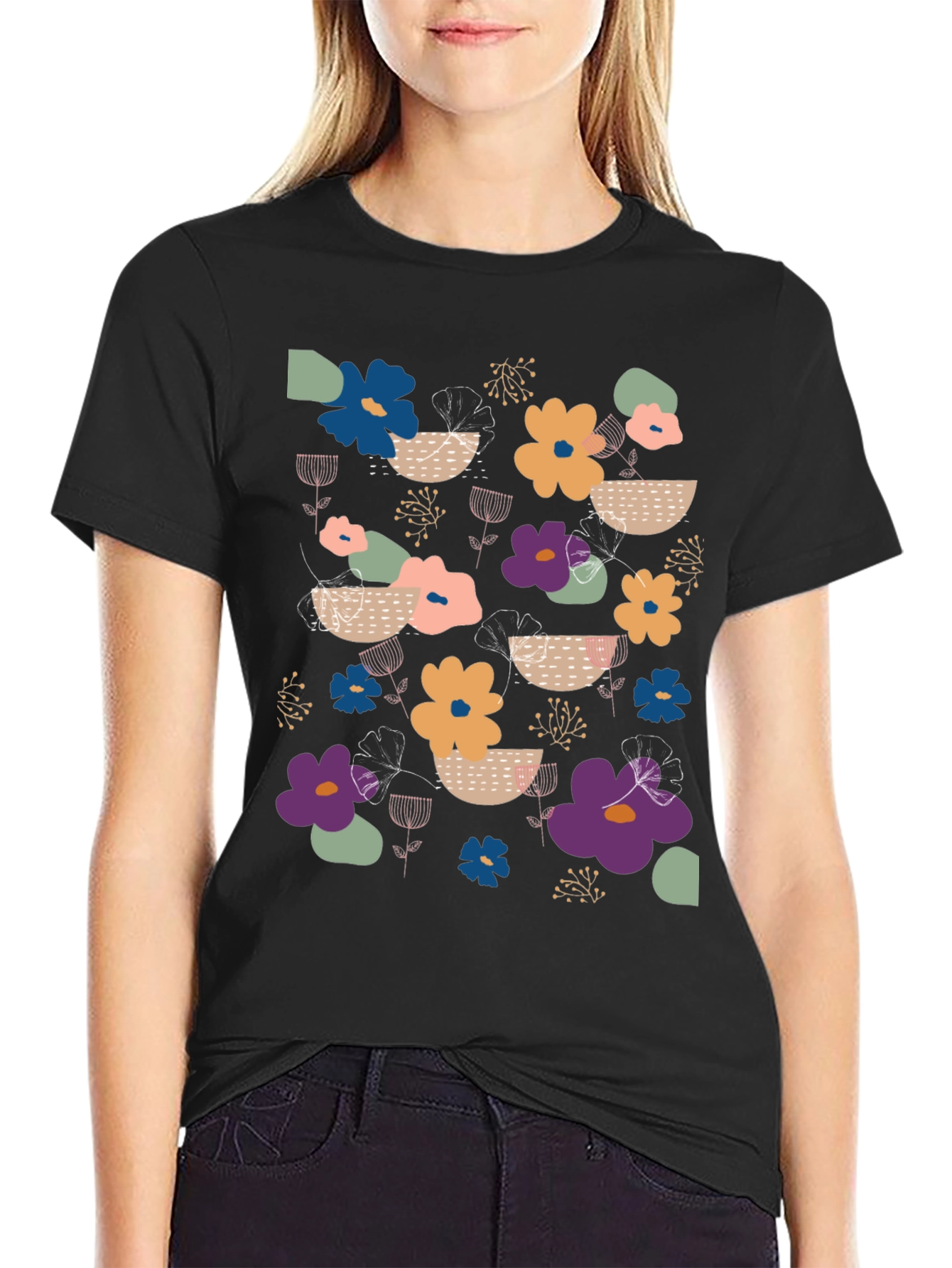 Black Floral Print Men's Black T-Shirt view 2