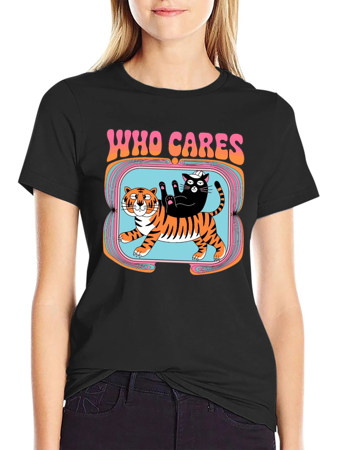 Black Who Cares Cat & Tiger Graphic Tee - Black view 2