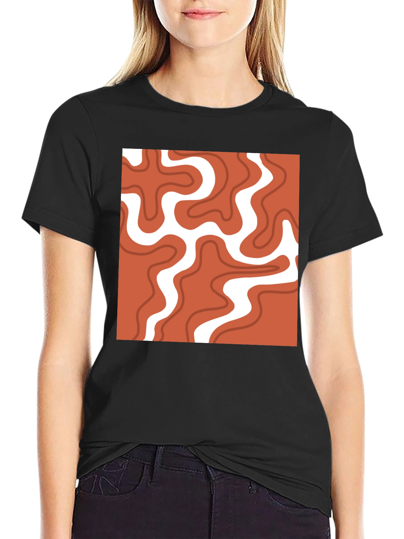Black Retro Swirl T-Shirt - Modern Abstract Tee view 2