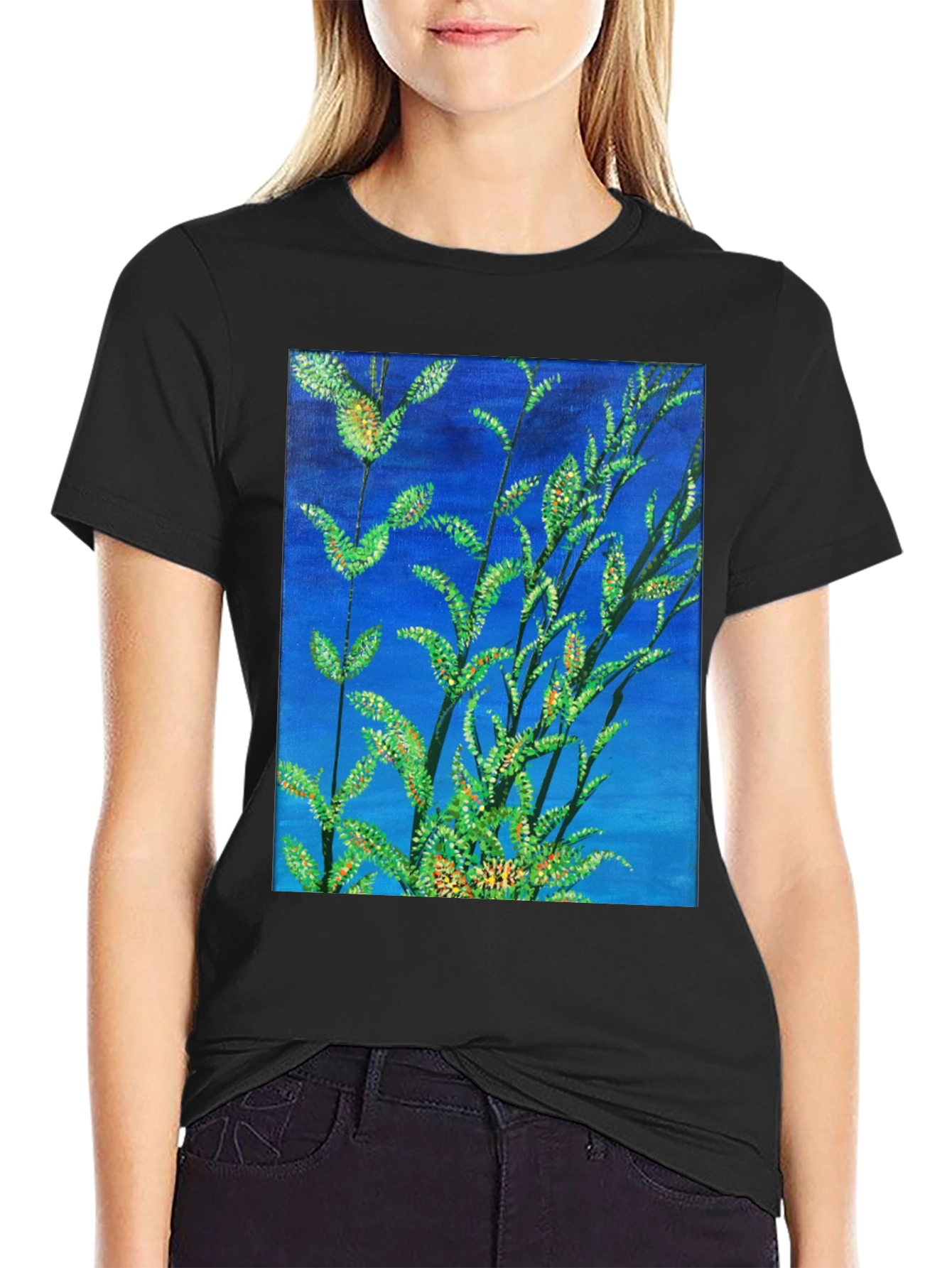 Black Botanical Blue T-Shirt - Vivid Nature Art Tee view 2