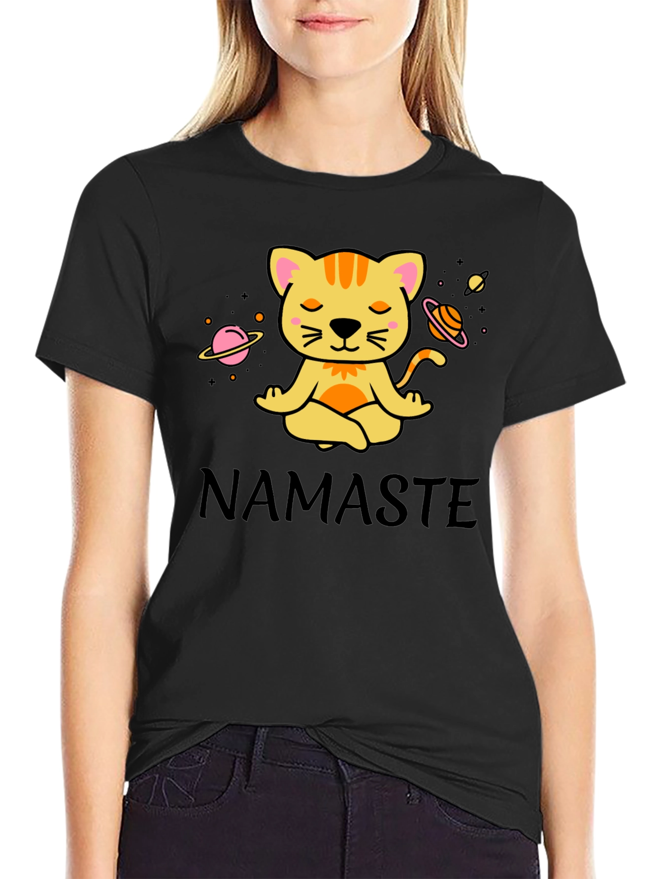 Black Namaste Cat Space Meditation T-Shirt view 2