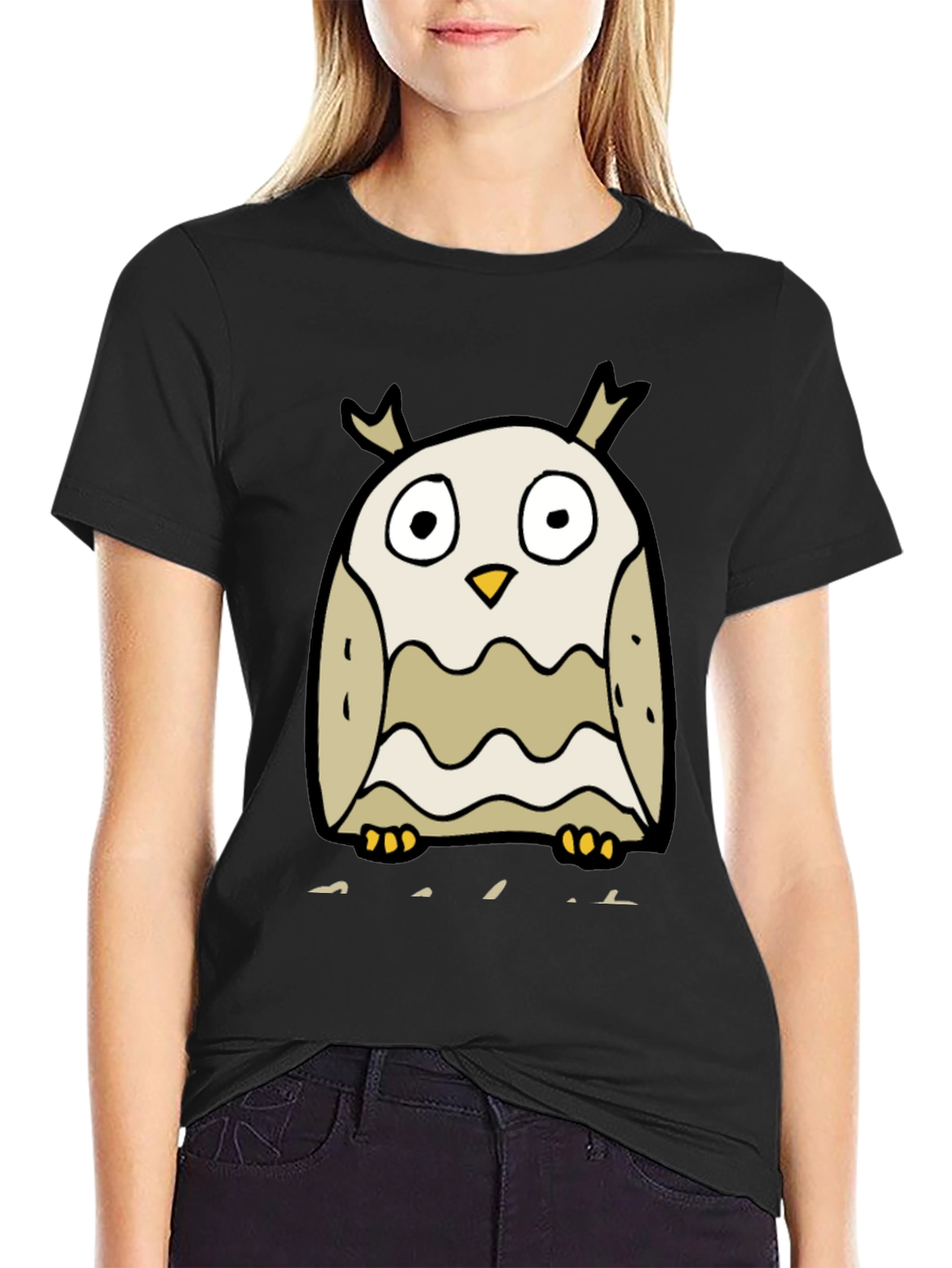 Cartoon Owl Graphic Tee - Black Cotton Blend - 2
