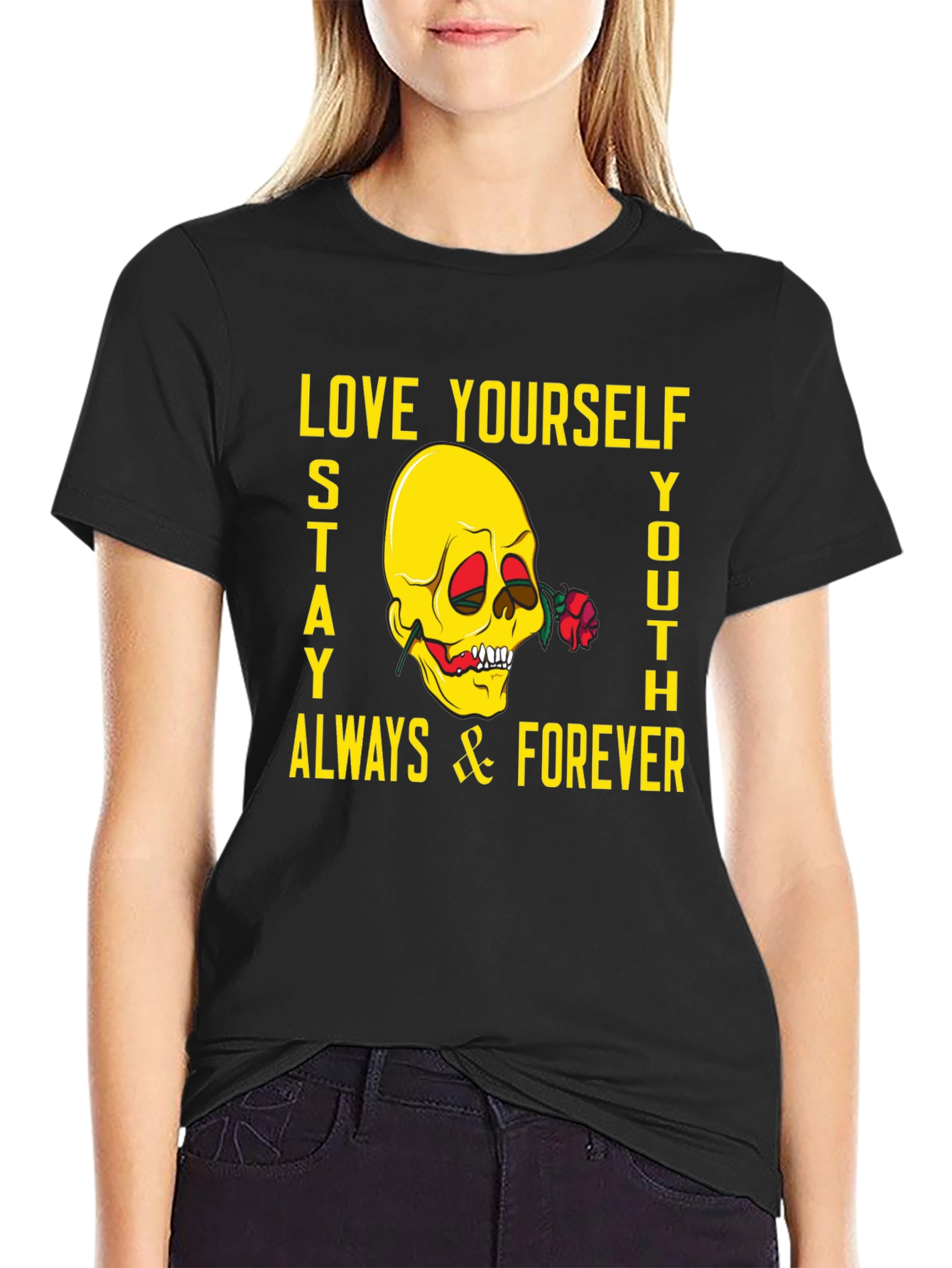 Black Skull & Rose Graphic Tee - Love Yourself, Stay Youthful! view 2