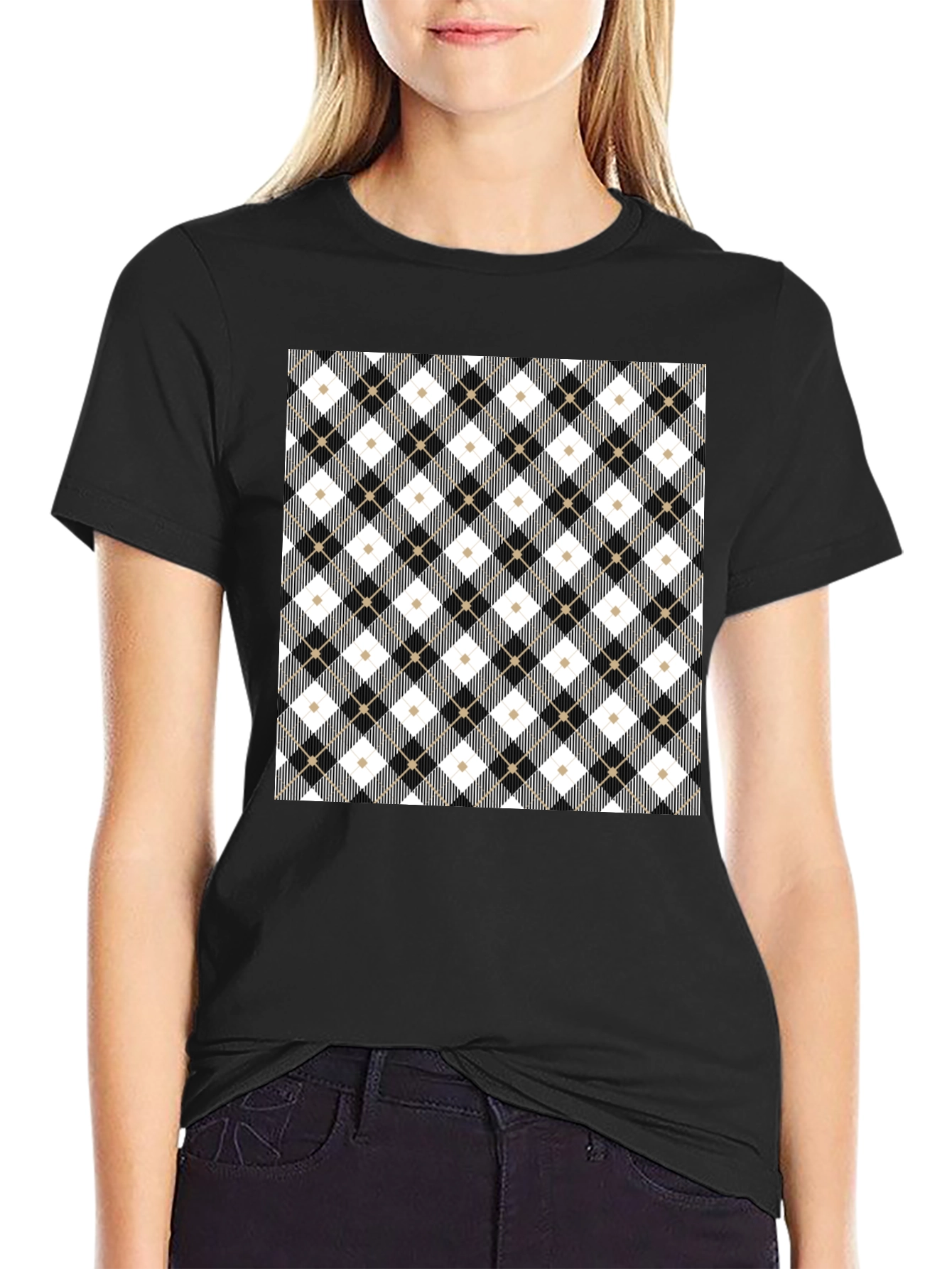 Black Stylish Argyle Pattern Black T-Shirt view 2