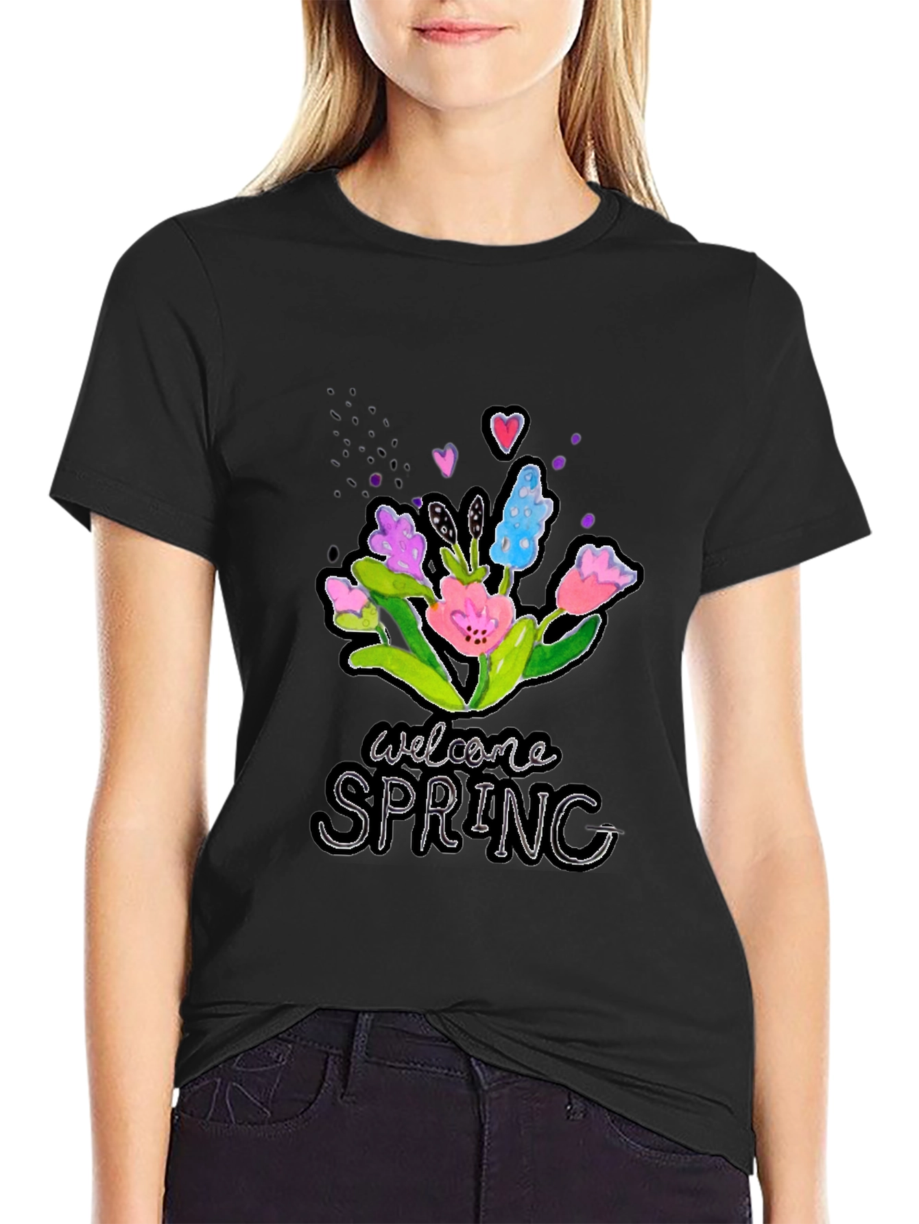 Black Welcome Spring Floral Graphic T-Shirt view 2