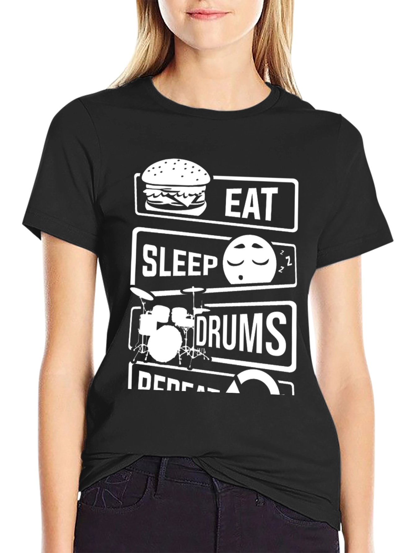 Black Eat Sleep Drums Repeat T-Shirt - Musician Humor view 2