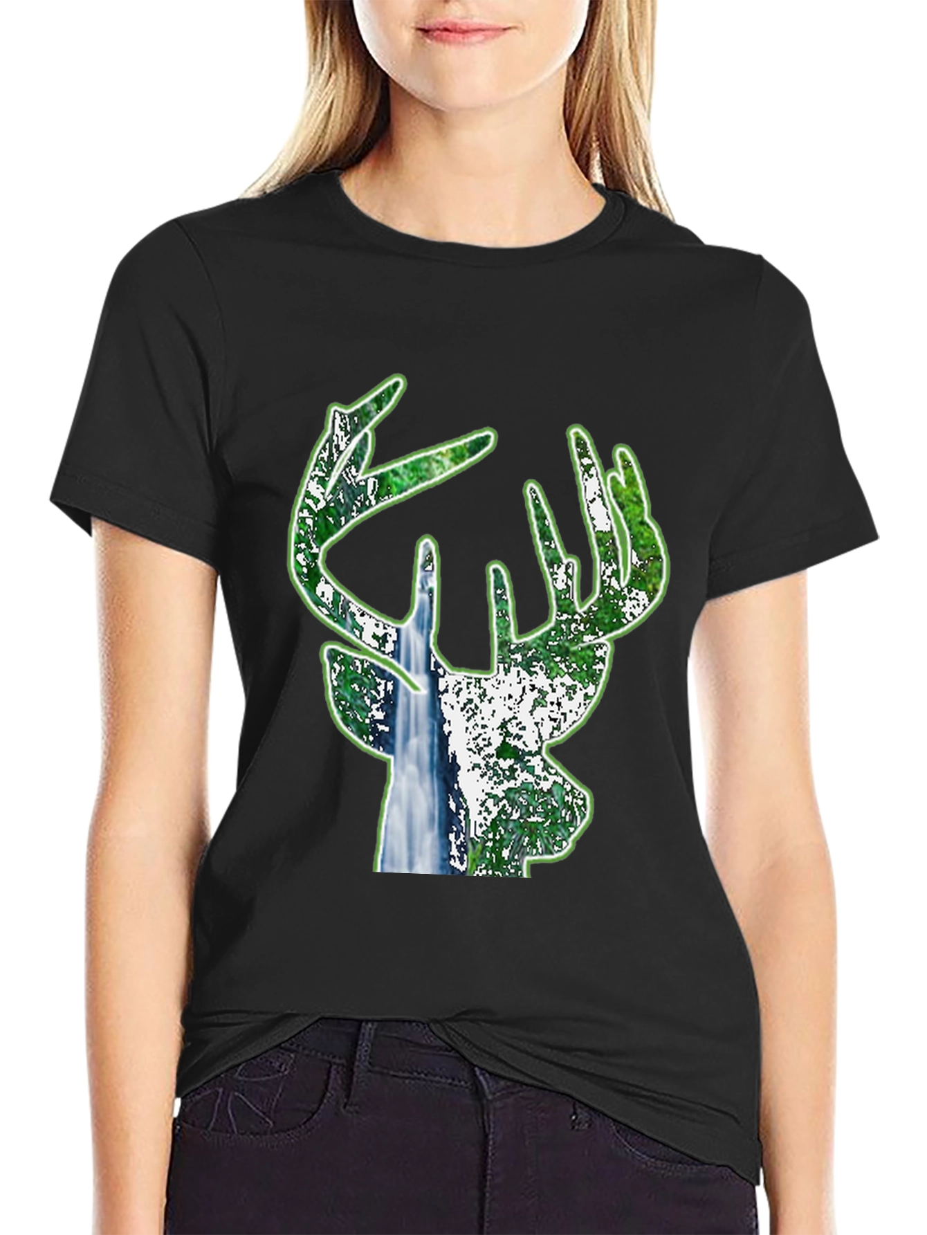 Black Deer Silhouette Nature T-Shirt - Black view 2