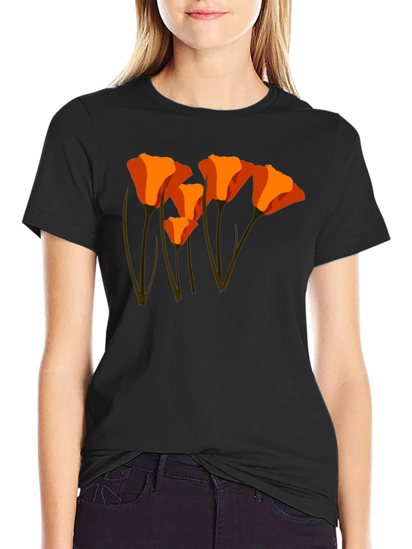 Black Orange California Poppy Graphic T-Shirt view 2