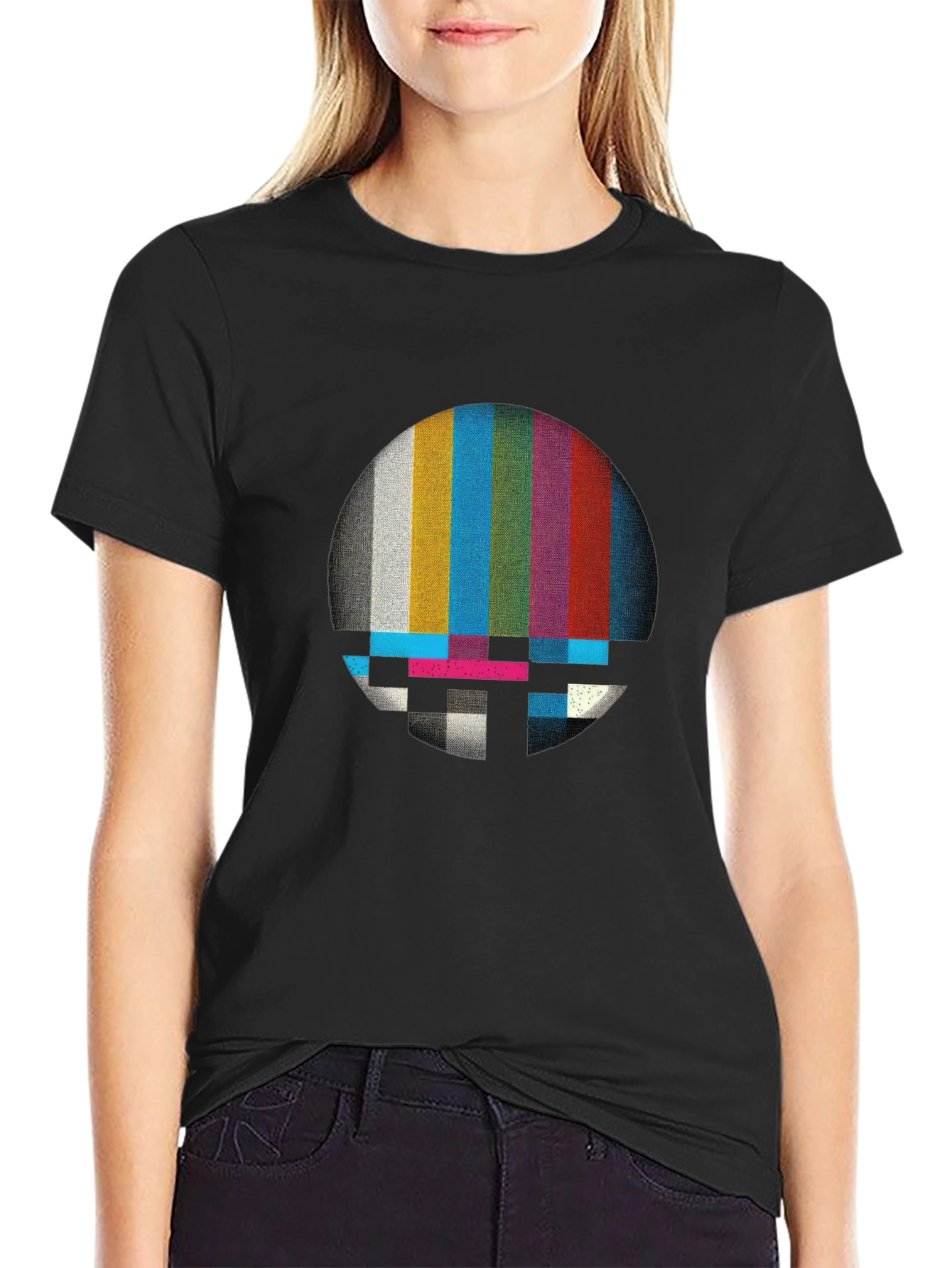 Black Retro Glitch T-Shirt - Vintage TV Test Pattern view 2