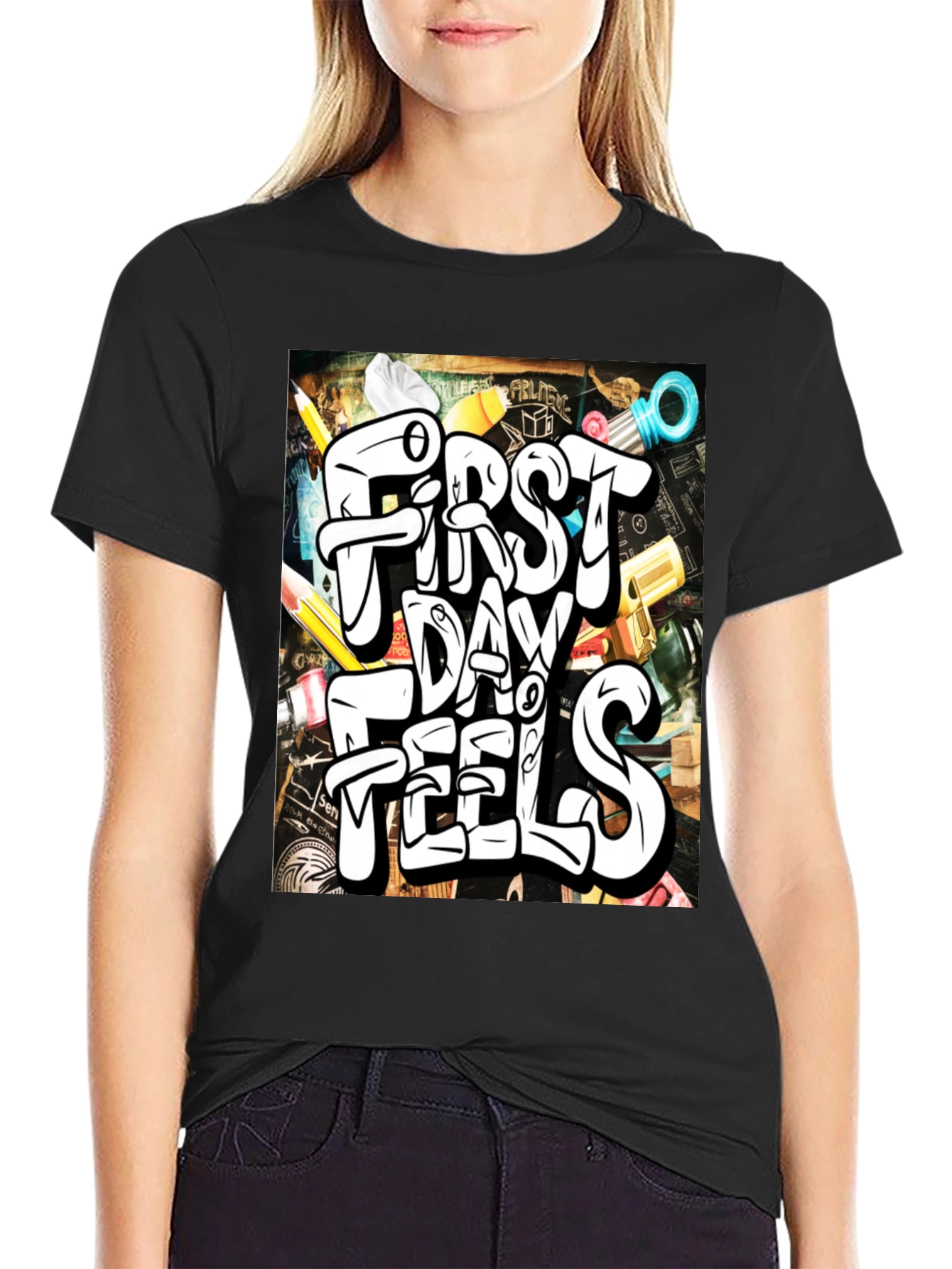 Black First Day Feels Graphic Tee - Cool Back-to-School T-Shirt view 2