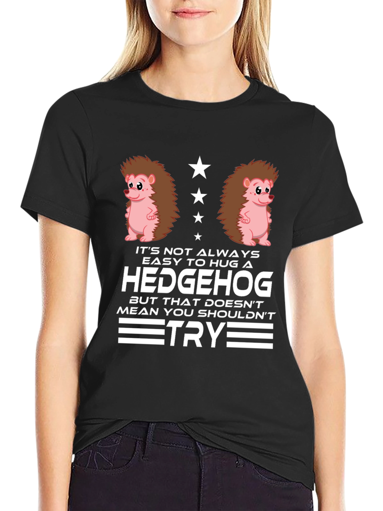 Black Hedgehog Hug Graphic T-Shirt - Funny Animal Tee view 2