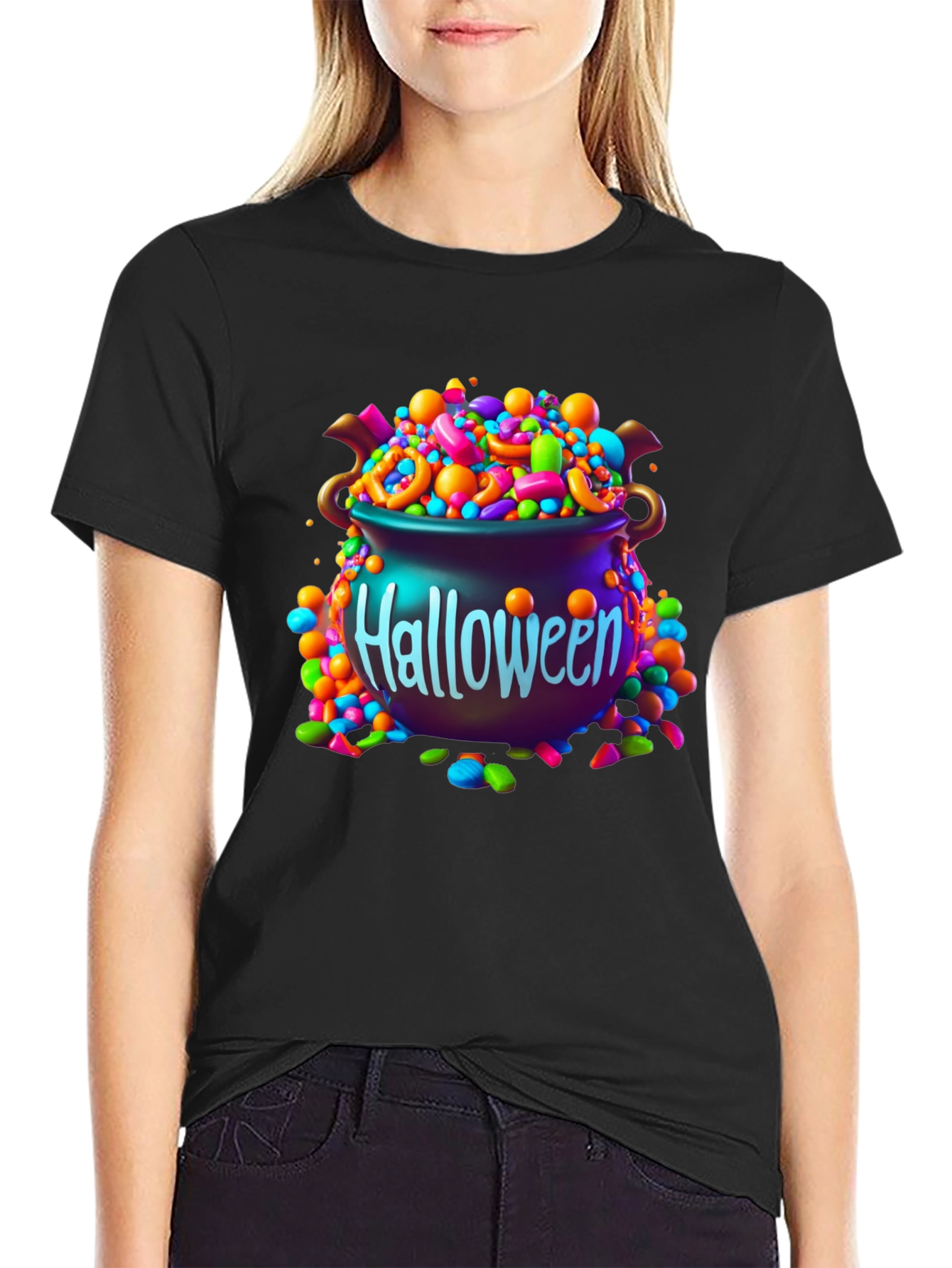 Black Halloween Candy Cauldron Graphic Tee view 2