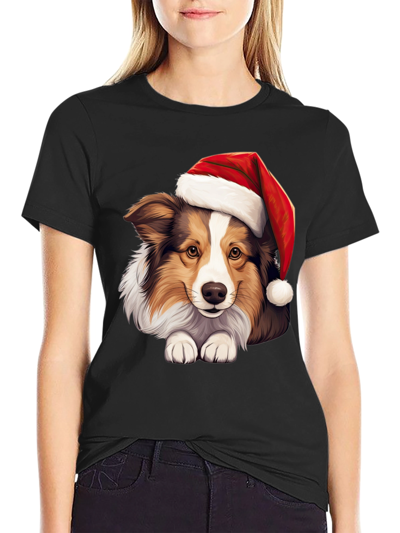 Black Festive Dog T-Shirt: Holiday Collie in Santa Hat view 2
