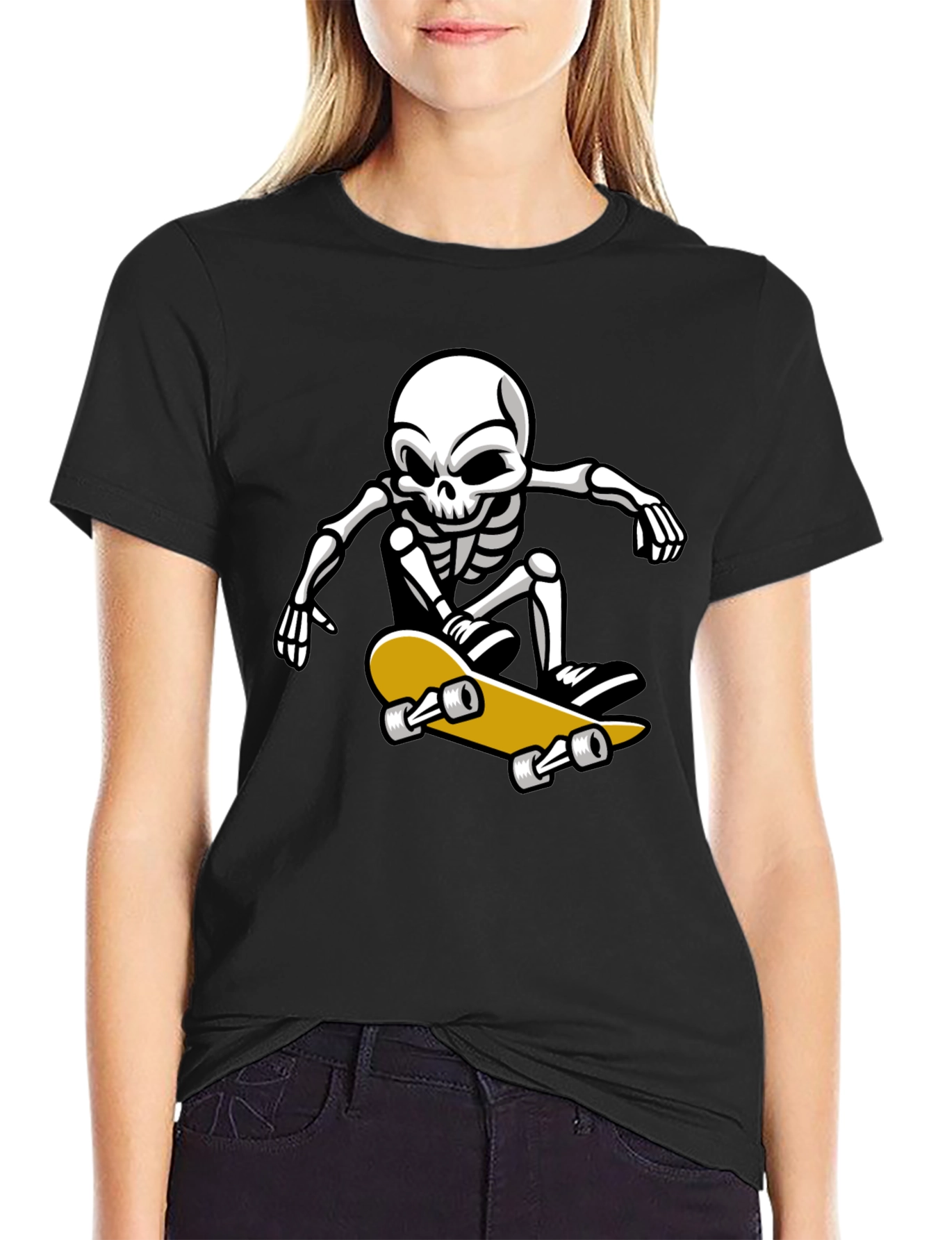 Black Cool Skeleton Skateboarder Graphic T-Shirt view 2