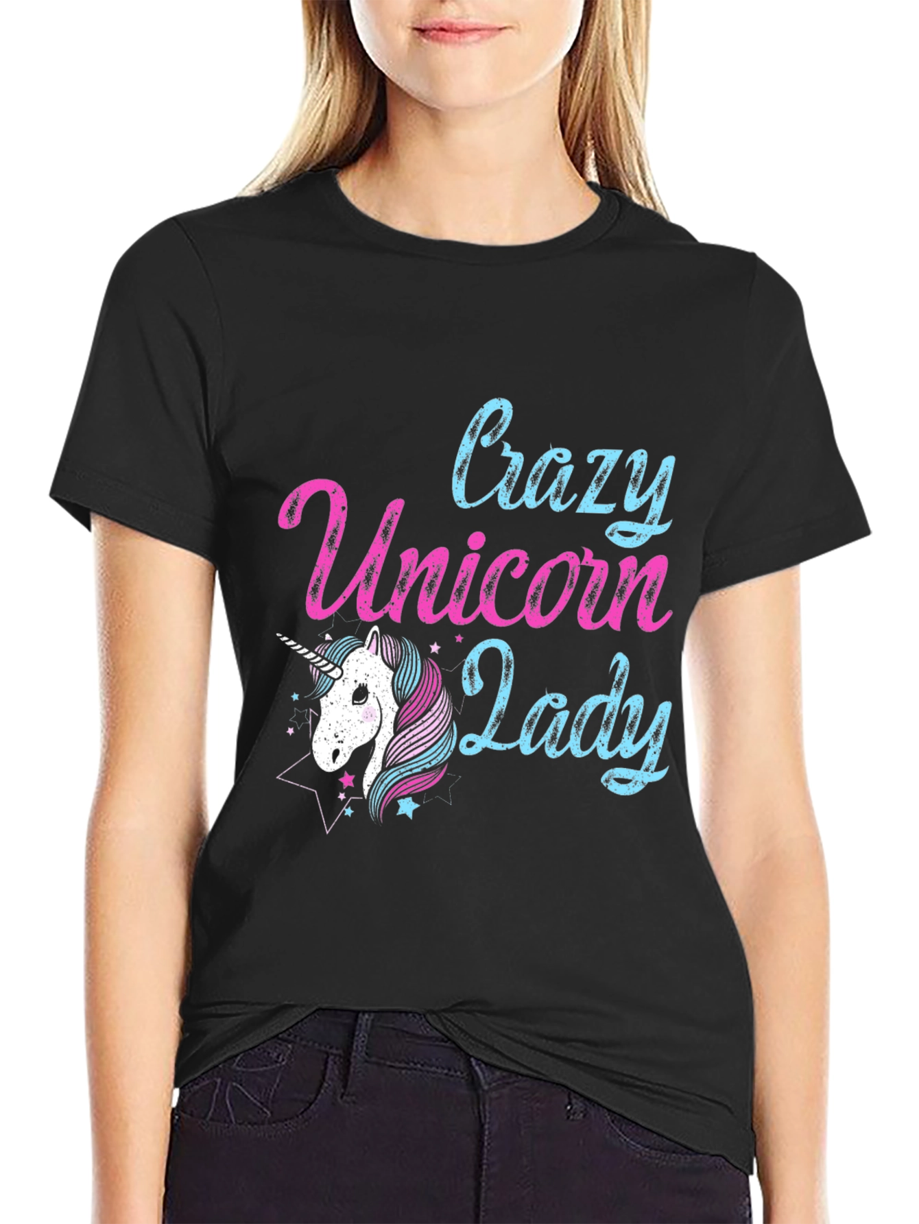 Black Crazy Unicorn Lady T-Shirt - Black view 2