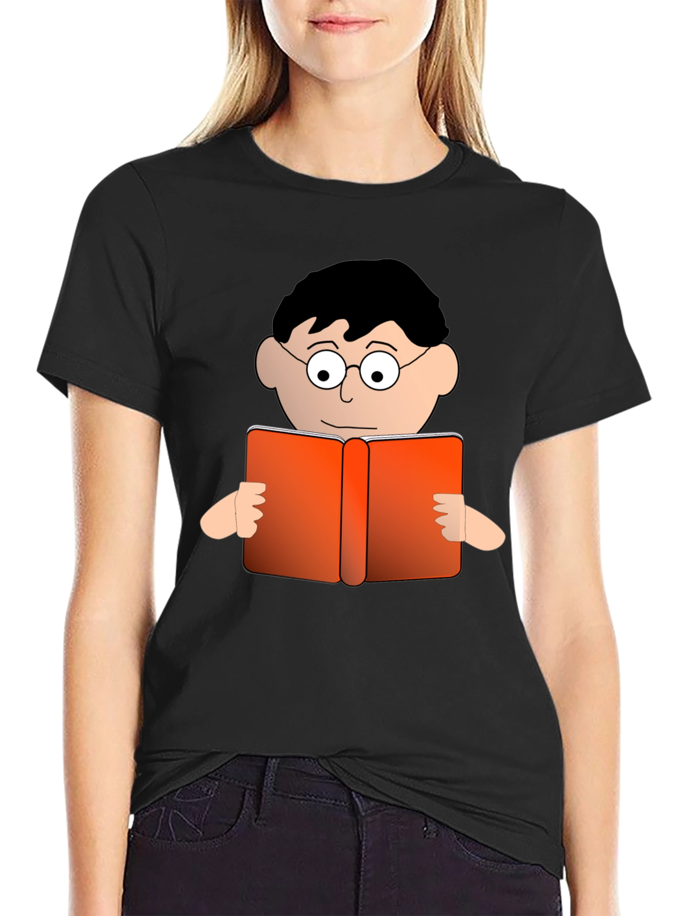 Black Cartoon Reader Black T-Shirt view 2