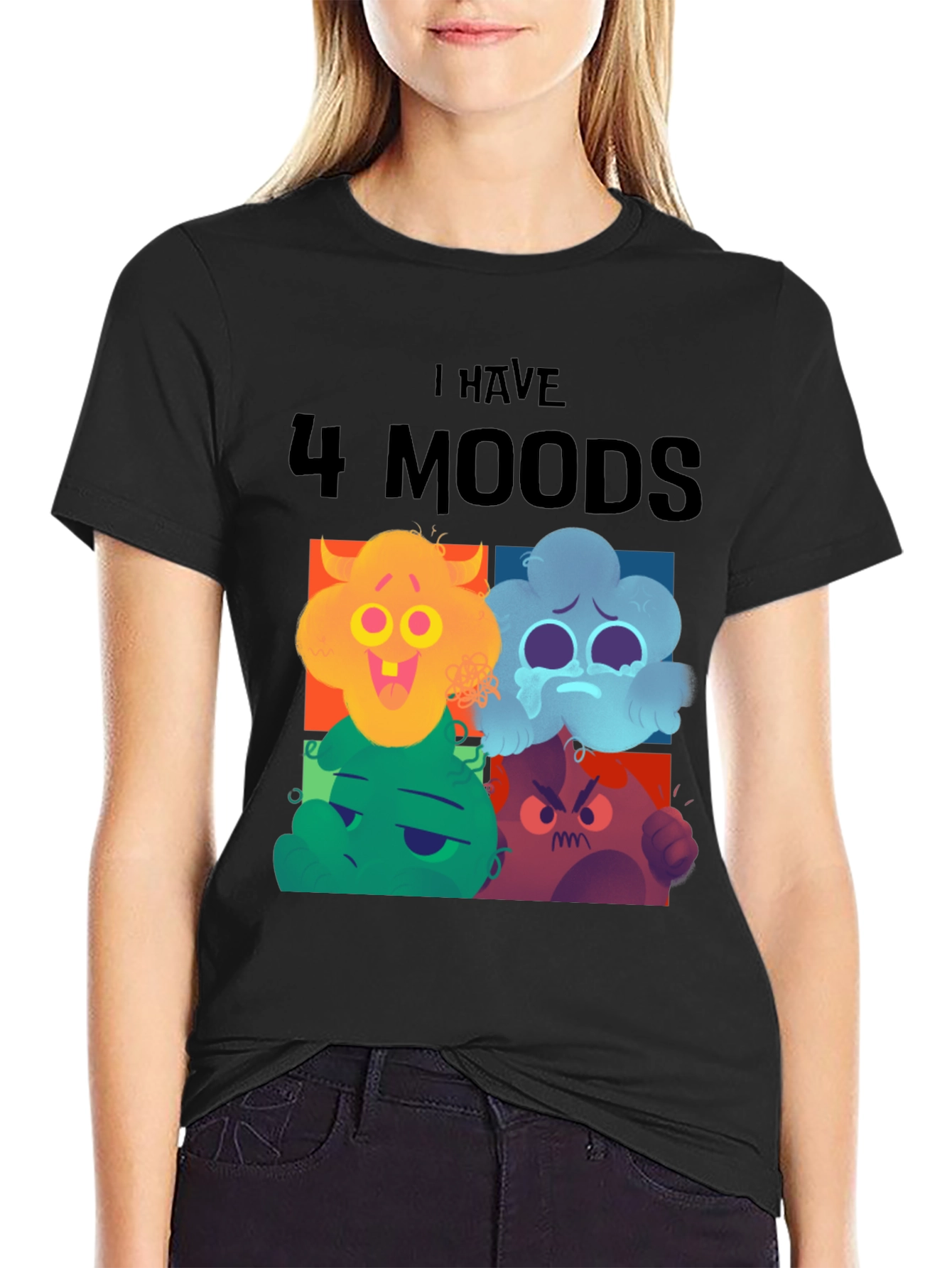 Black 4 Moods T-Shirt, Funny Faces, Black Tee, Casual Wear view 2